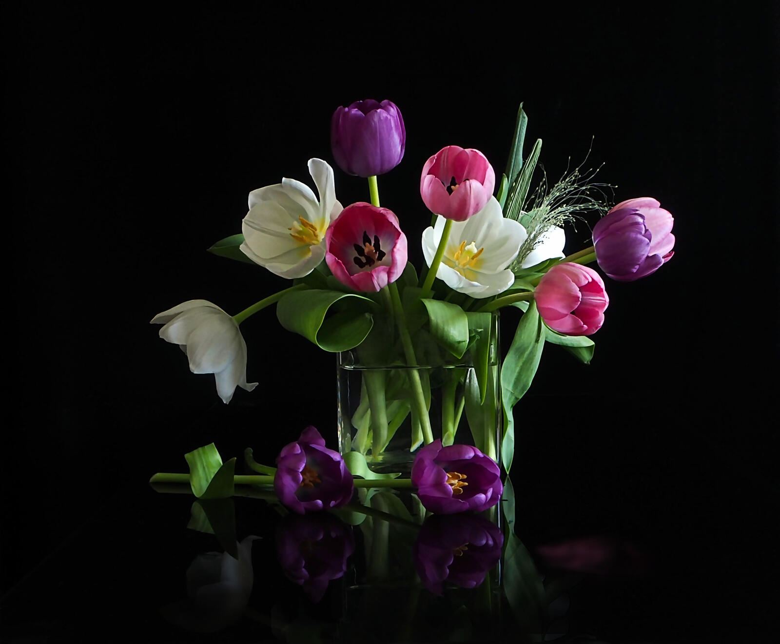 Обои черный фон ваза тюльпаны на рабочий стол