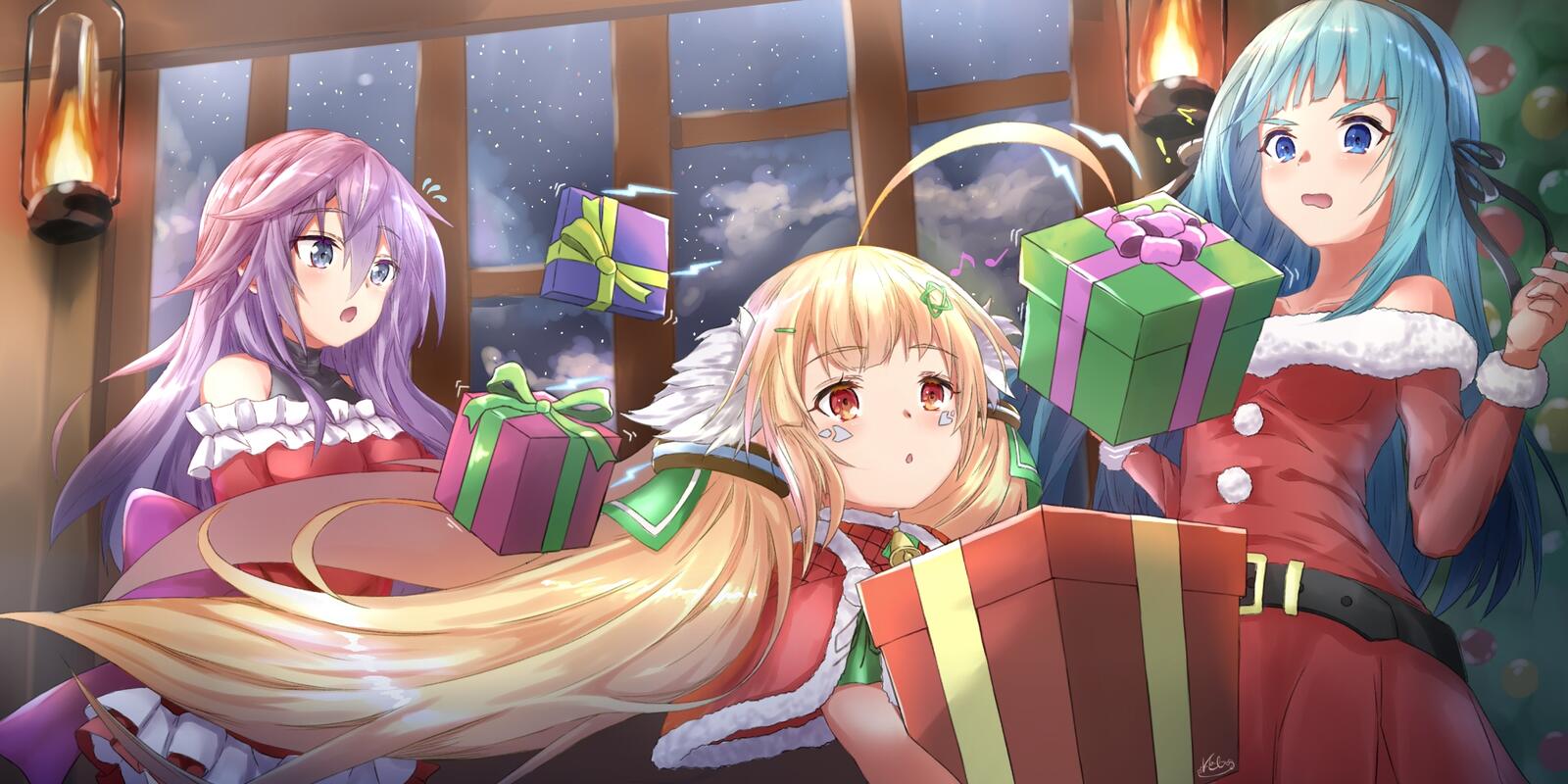 Wallpapers anime Christmas 2018 dress Santa Claus girls on the desktop