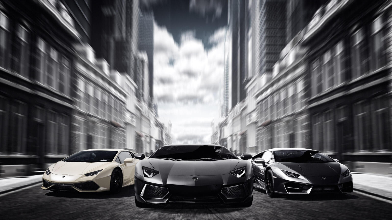 Wallpapers Lamborghini three car city street gray background on the desktop