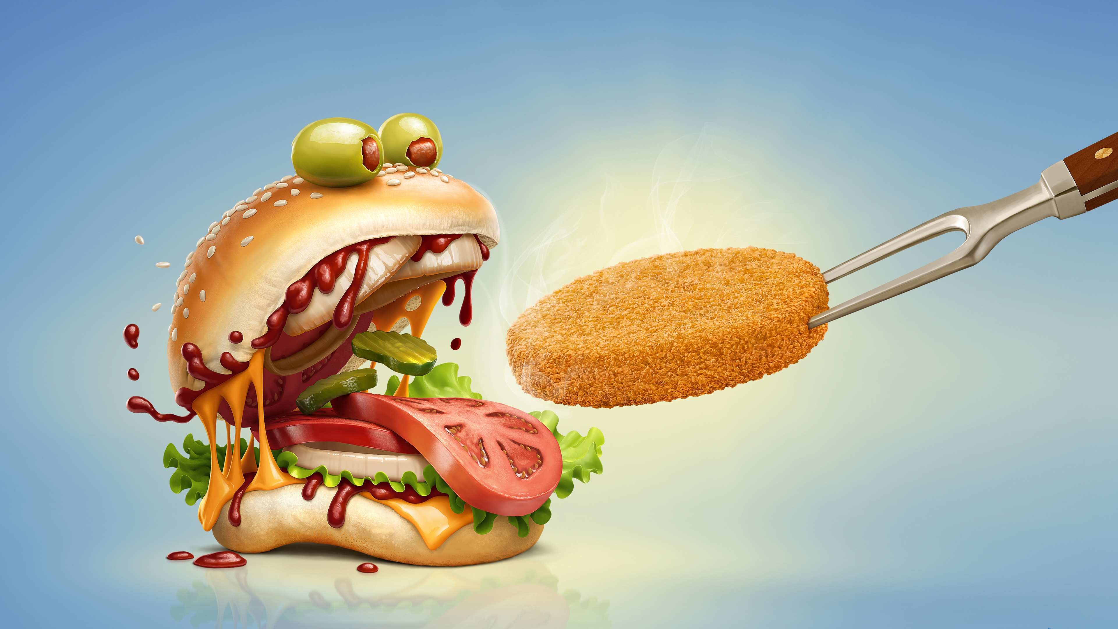 Бесплатное фото Гамбургер с глазами и ртом