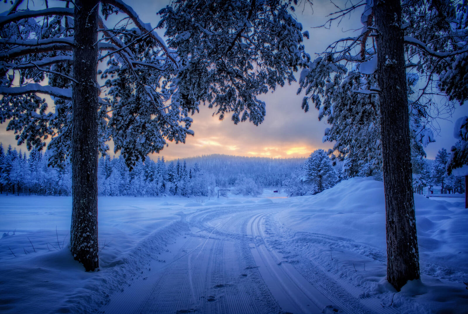 Wallpapers snow winter road sunset on the desktop
