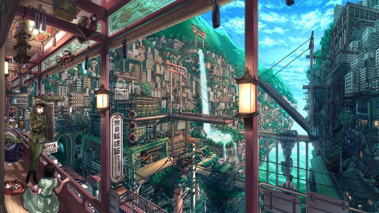 Обои город аниме аниме девушки пейзаж на рабочий стол