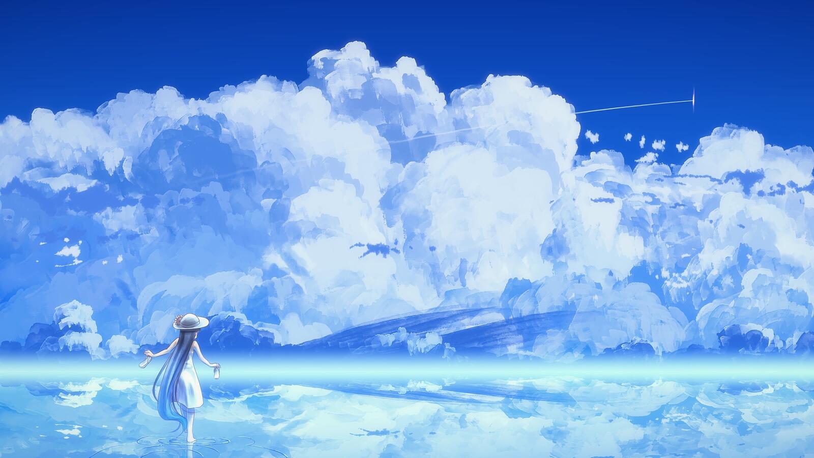 Обои аниме девочка за облаками белое платье на рабочий стол