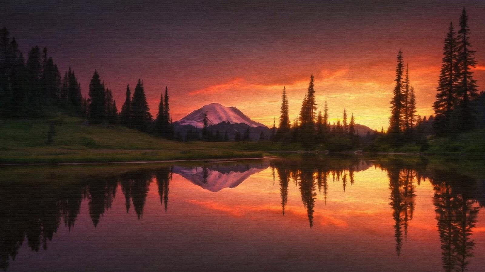 Wallpapers lake painting reflection mountain on the desktop