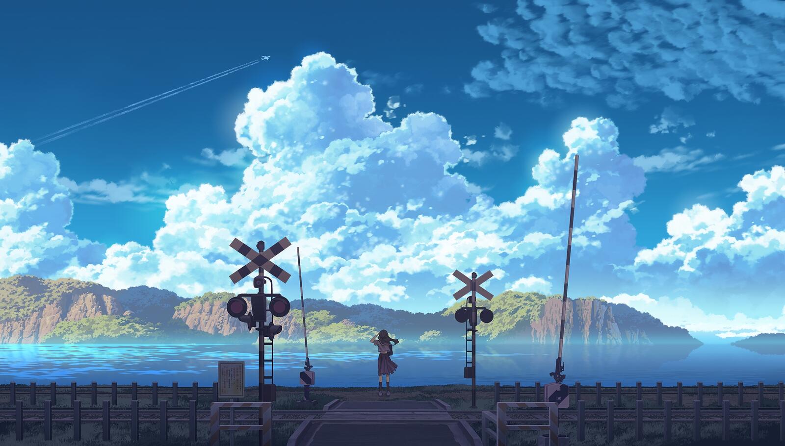 Wallpapers anime girl train station clouds on the desktop