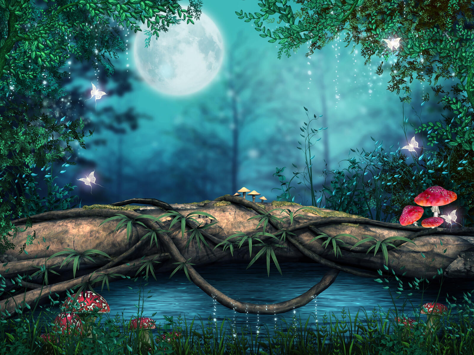 Wallpapers The enchanted tree over a pond moon night on the desktop