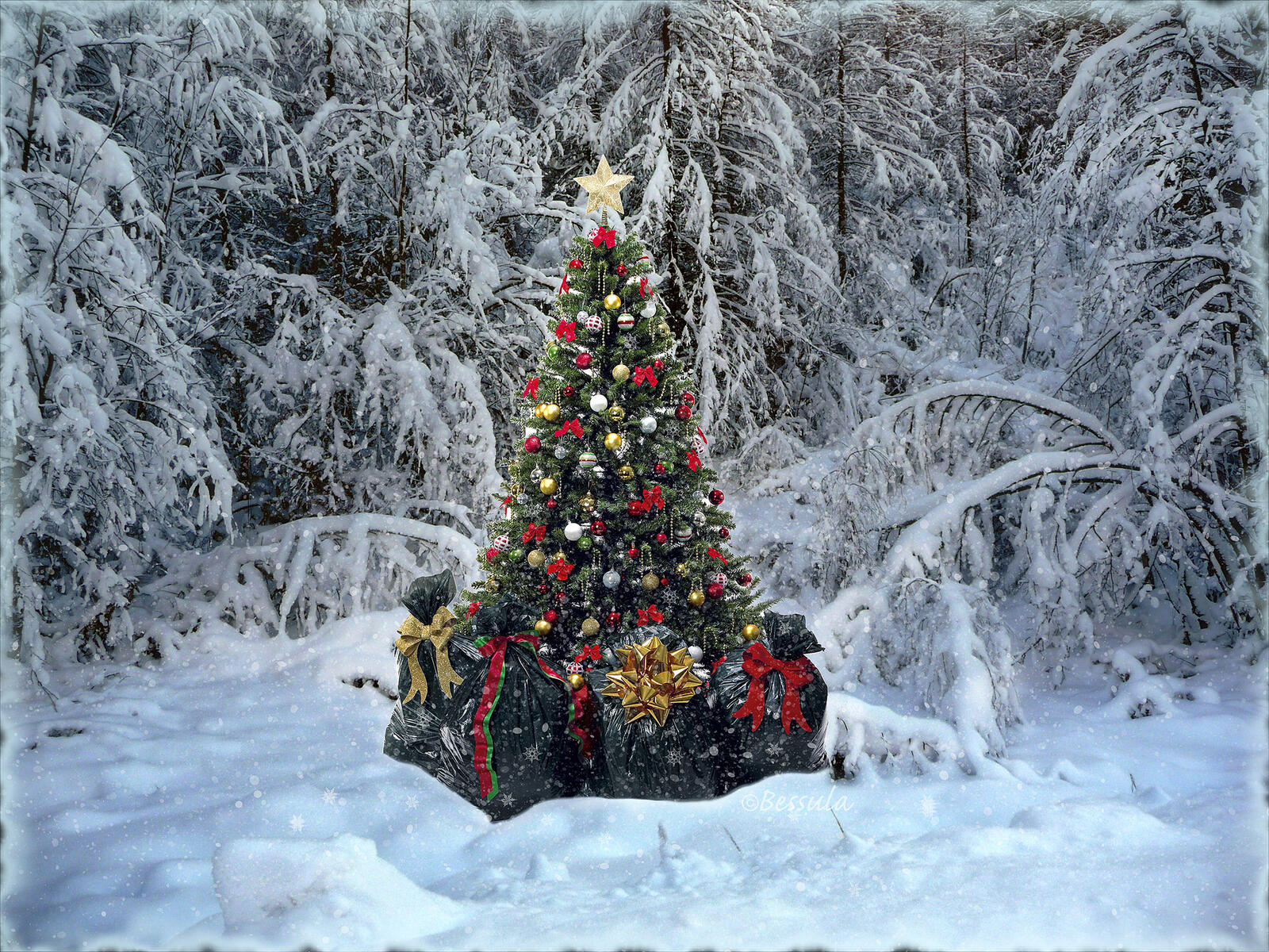 Обои с рождеством снег новогодняя елка на рабочий стол