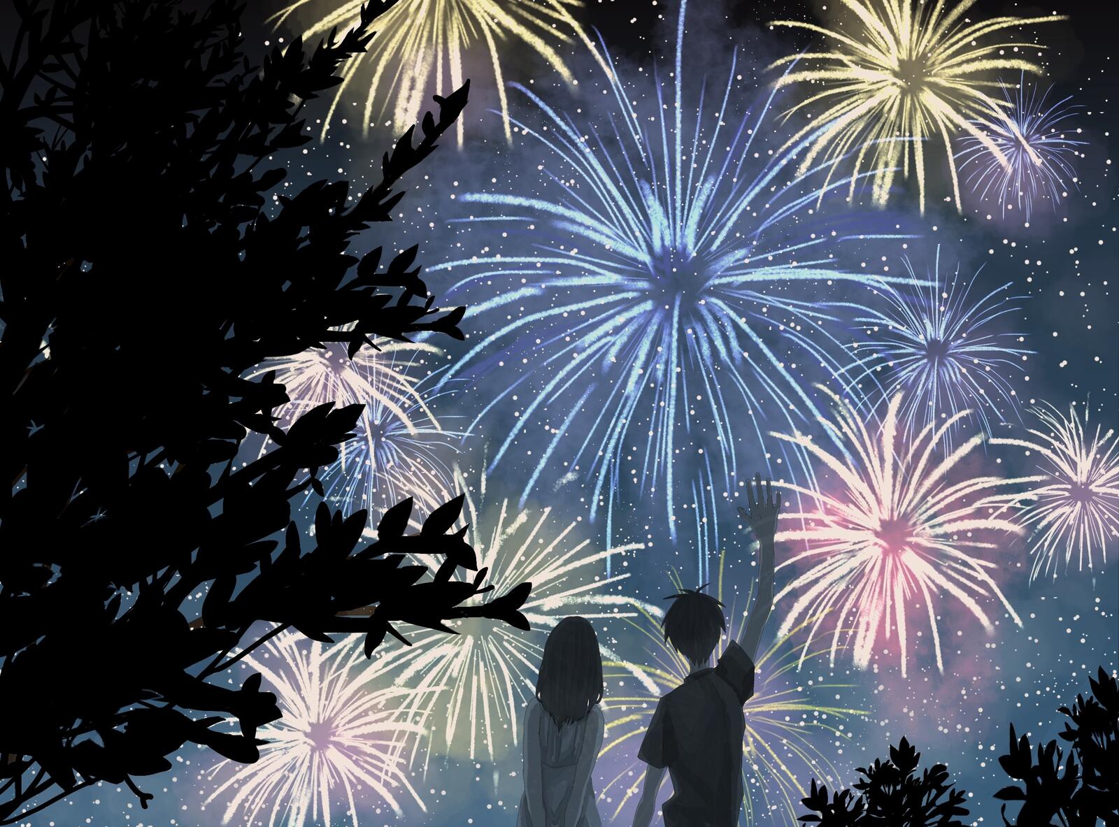 Wallpapers anime couple silhouette fireworks on the desktop