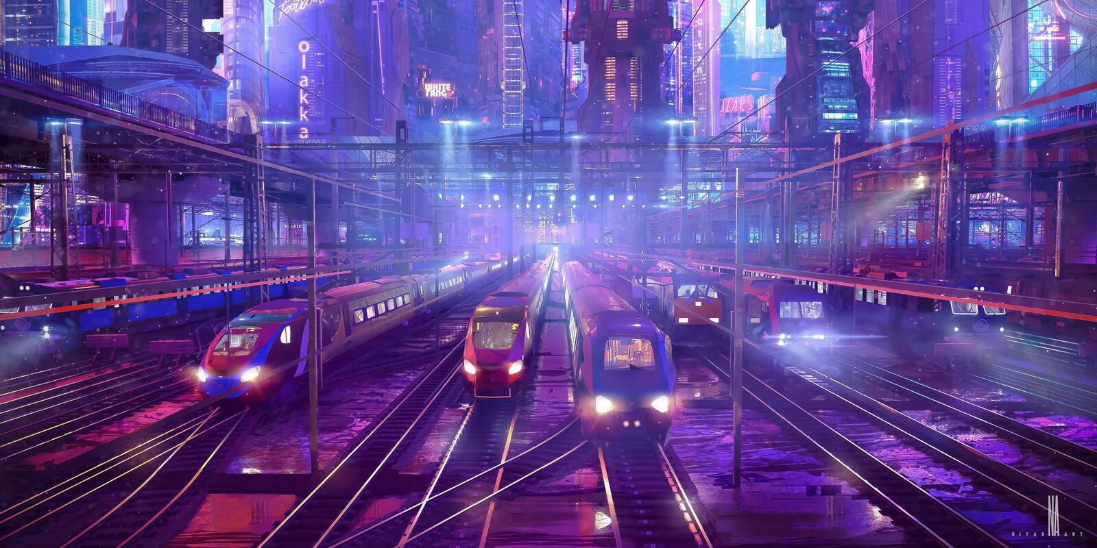 Wallpapers train evening city on the desktop