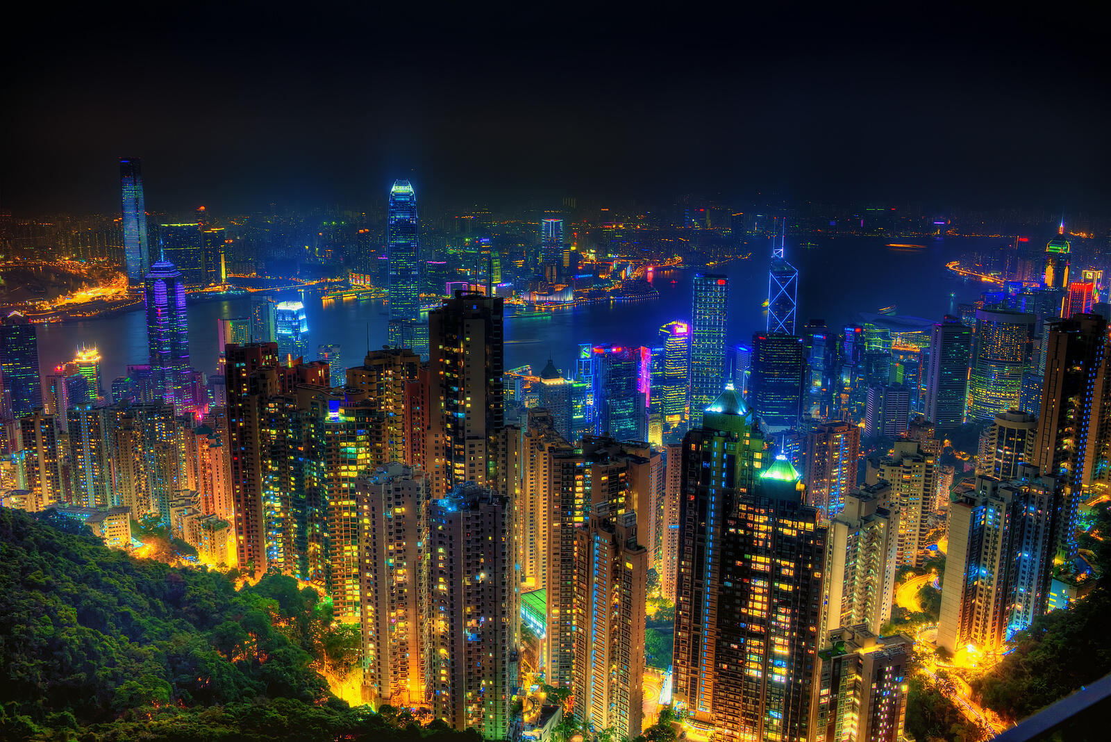 Обои город огни ночного города Гонконг на рабочий стол
