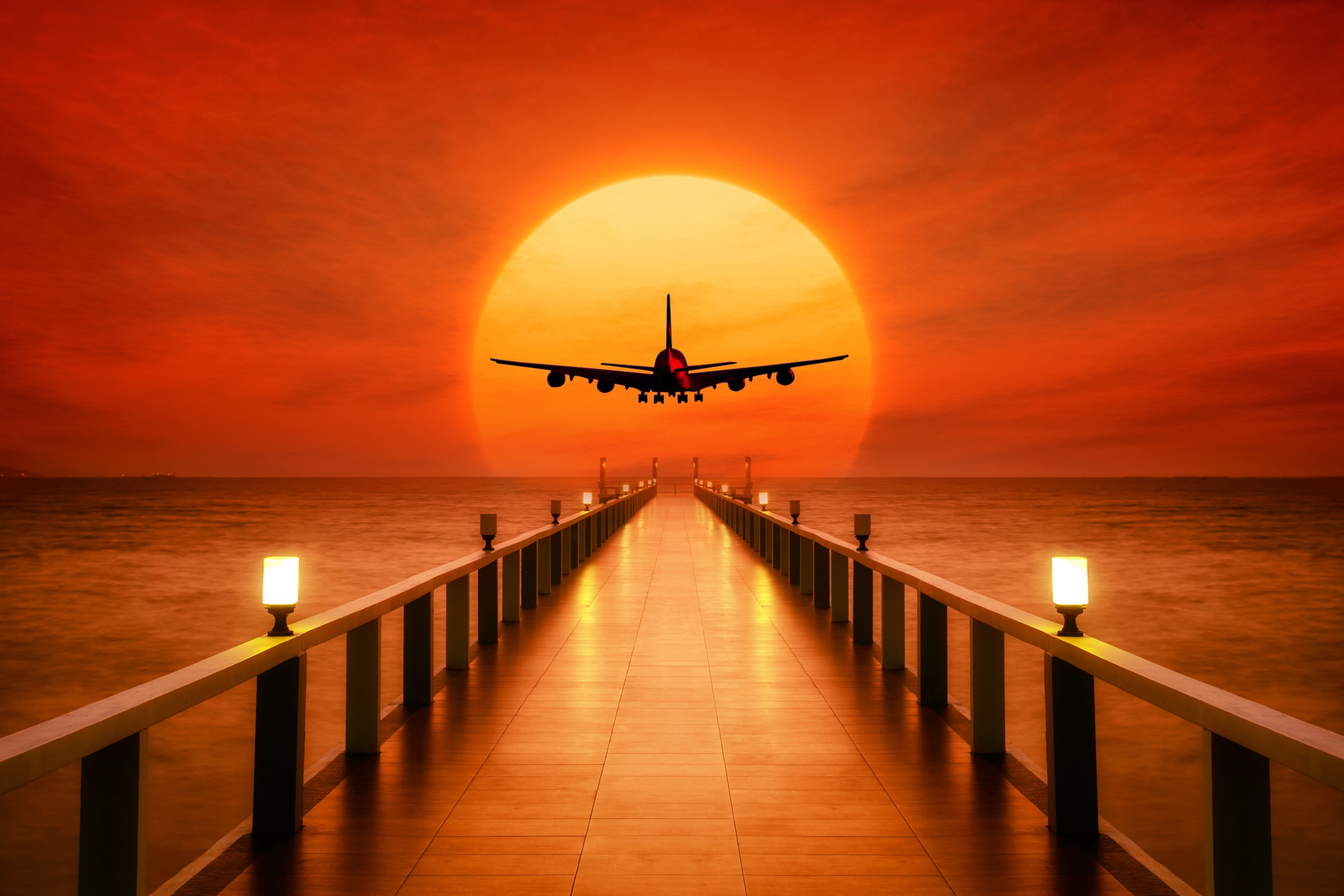 Wallpapers airplane sunset pier on the desktop