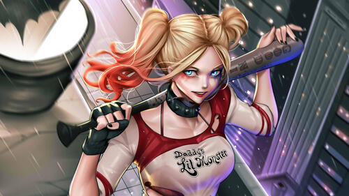 Cartoon Harley Quinn with a bat.
