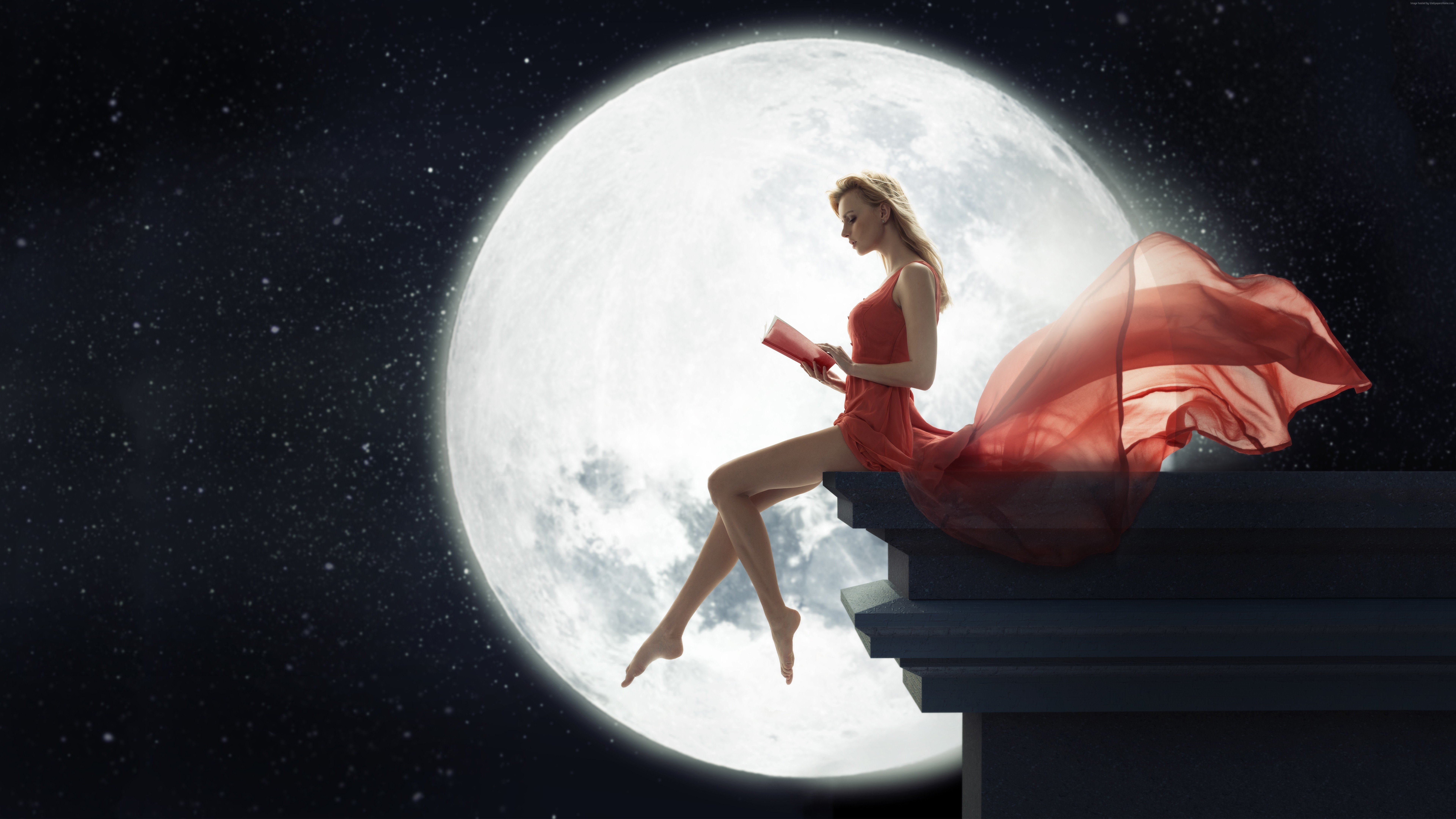 桌面上的壁纸红衣女孩 悬崖边 大月亮