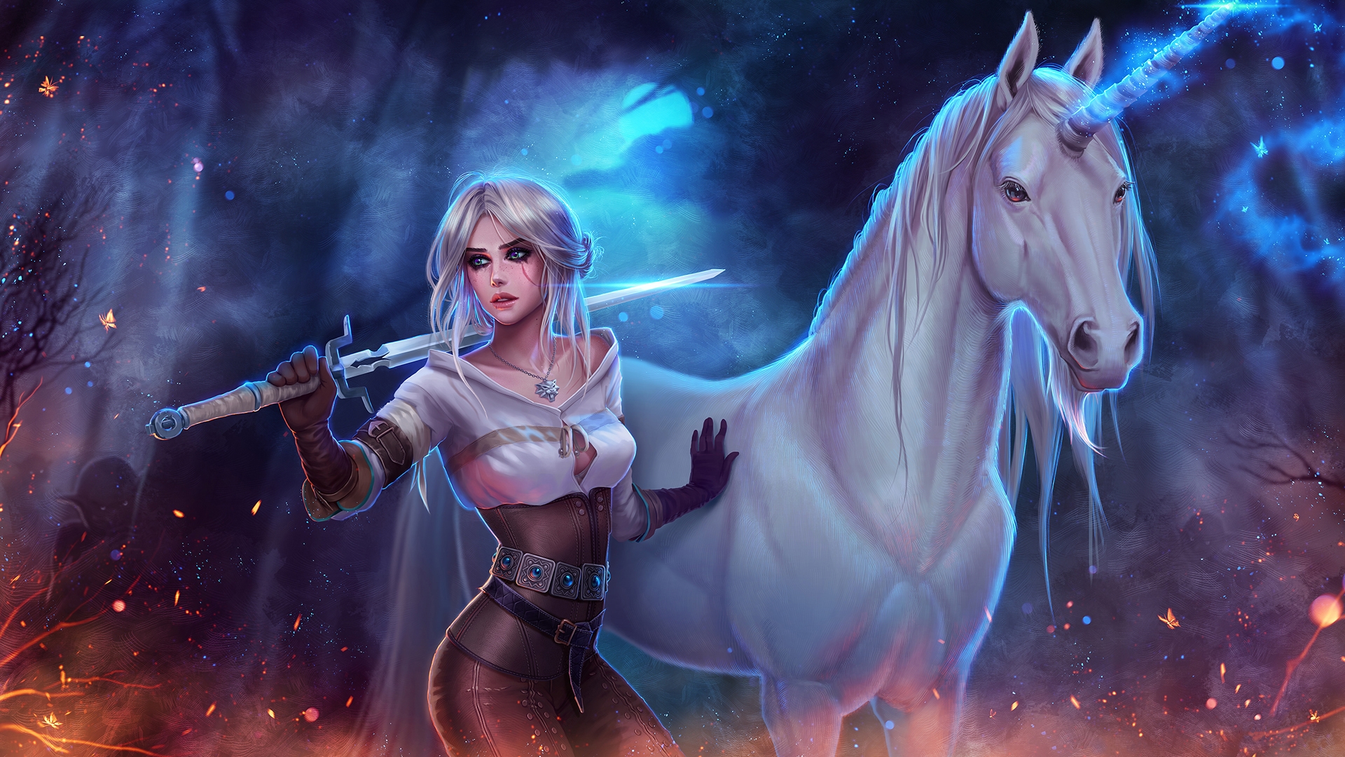 Photo free girl with a sword, unicorn, white horse