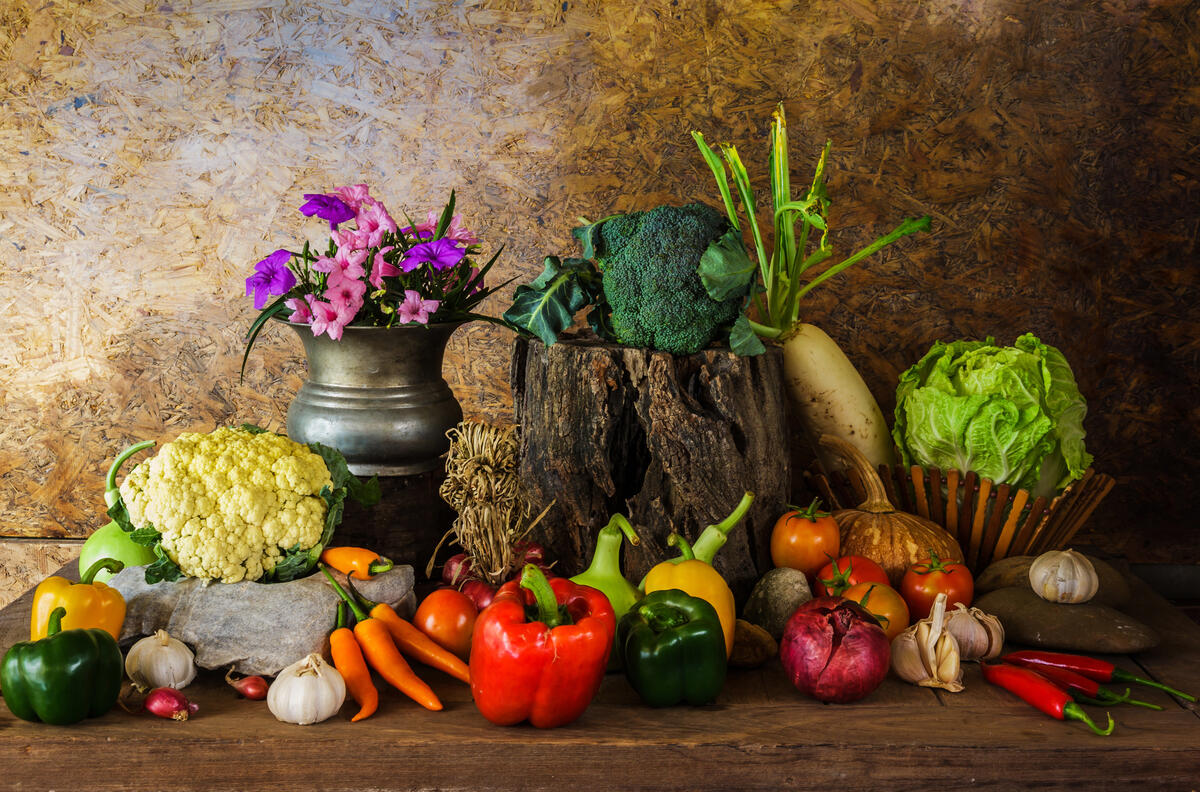 Harvest of vegetables and bouquet