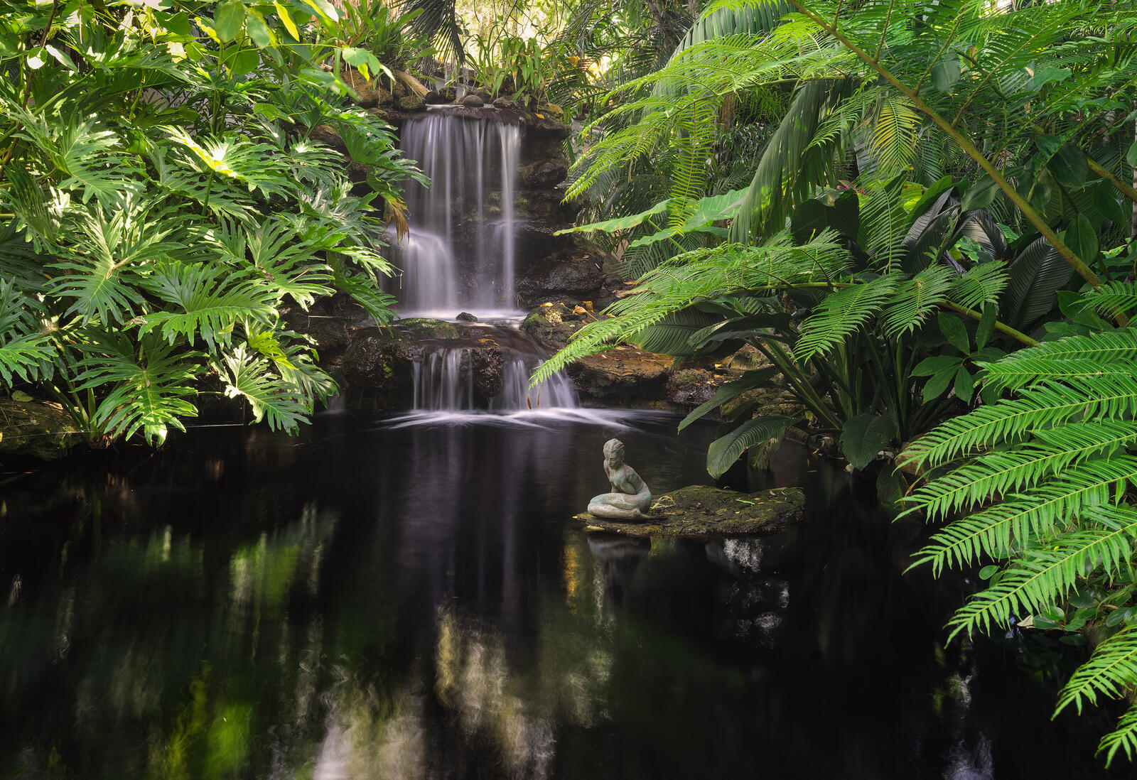 Обои Водопад Селби-Гарденс штат Флорида окружен тропическими растениями на рабочий стол