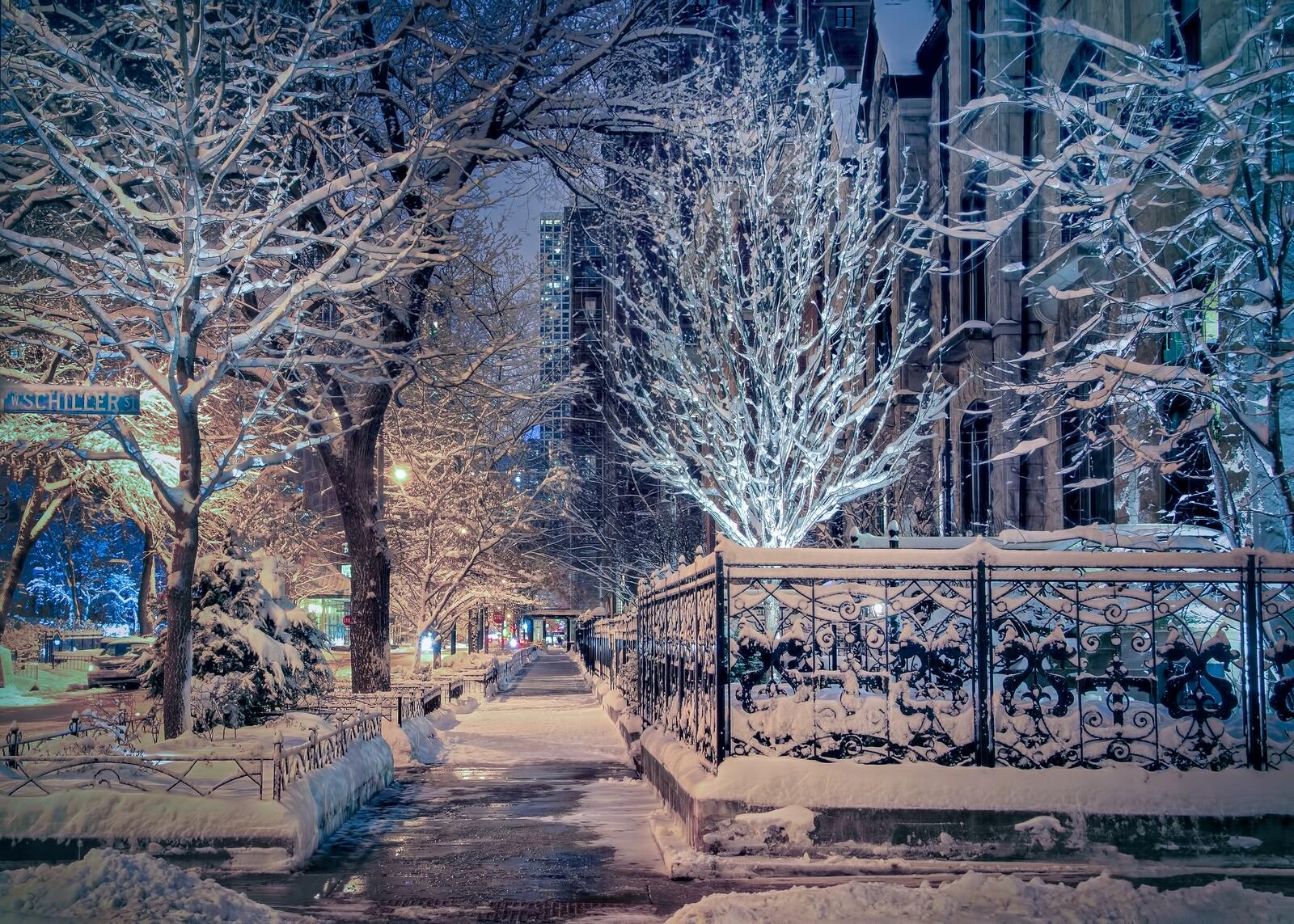 桌面上的壁纸芝加哥 西席勒街 冬季