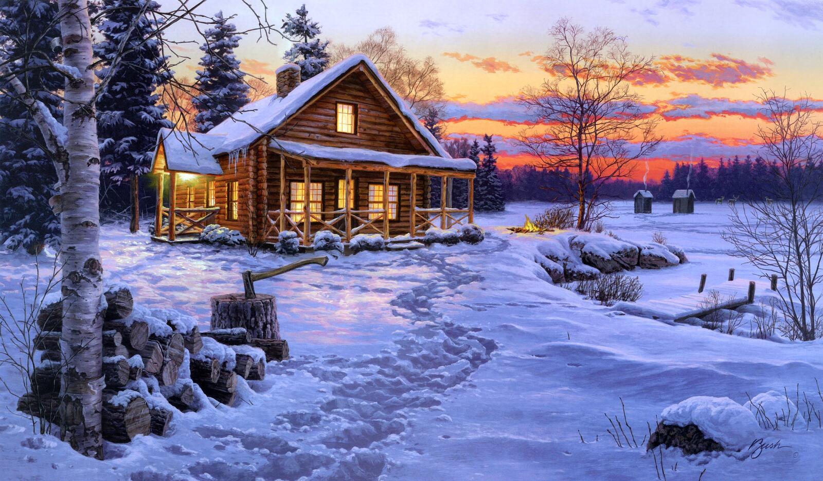 Обои изобразительное искусство зима домик на рабочий стол