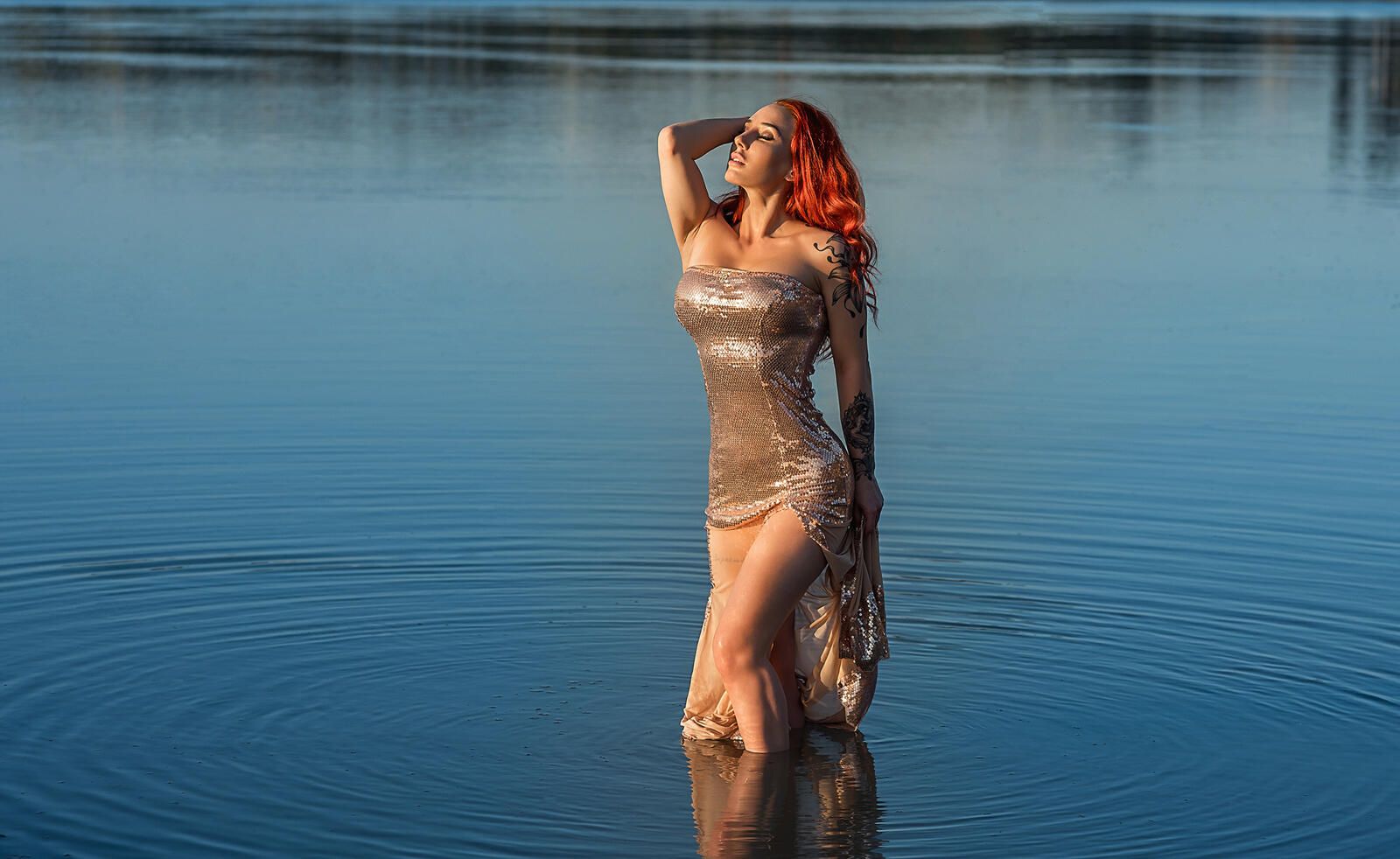 Wallpapers Lake redhead girl posing in water dress Devushka on the desktop