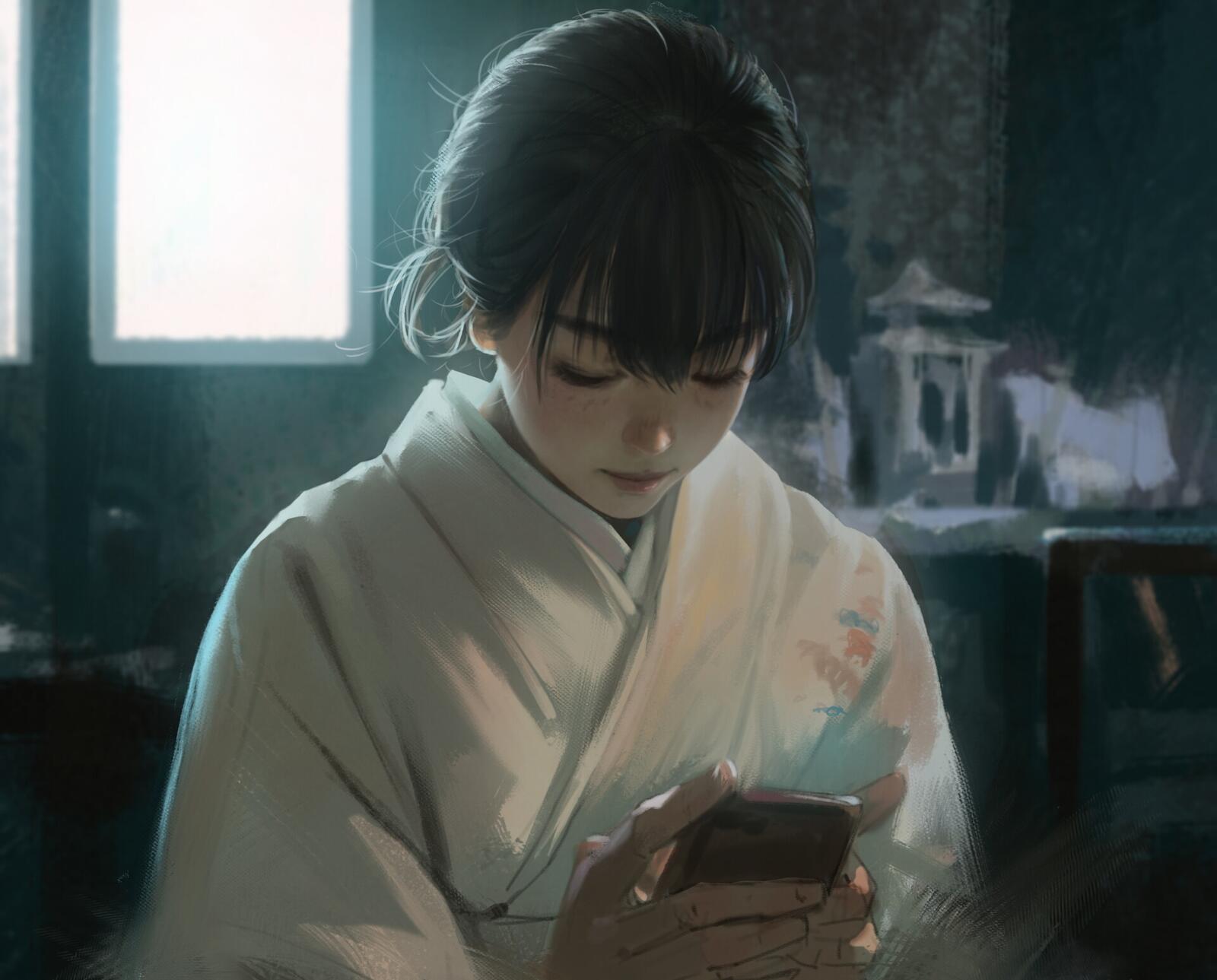 Обои аниме Девочка полу-реалистичной кимоно на рабочий стол
