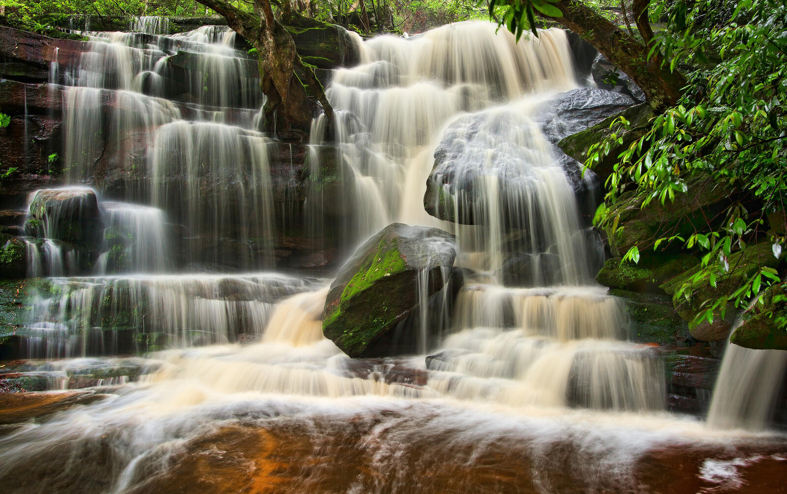 Обои водопад в лесу поток природа на рабочий стол