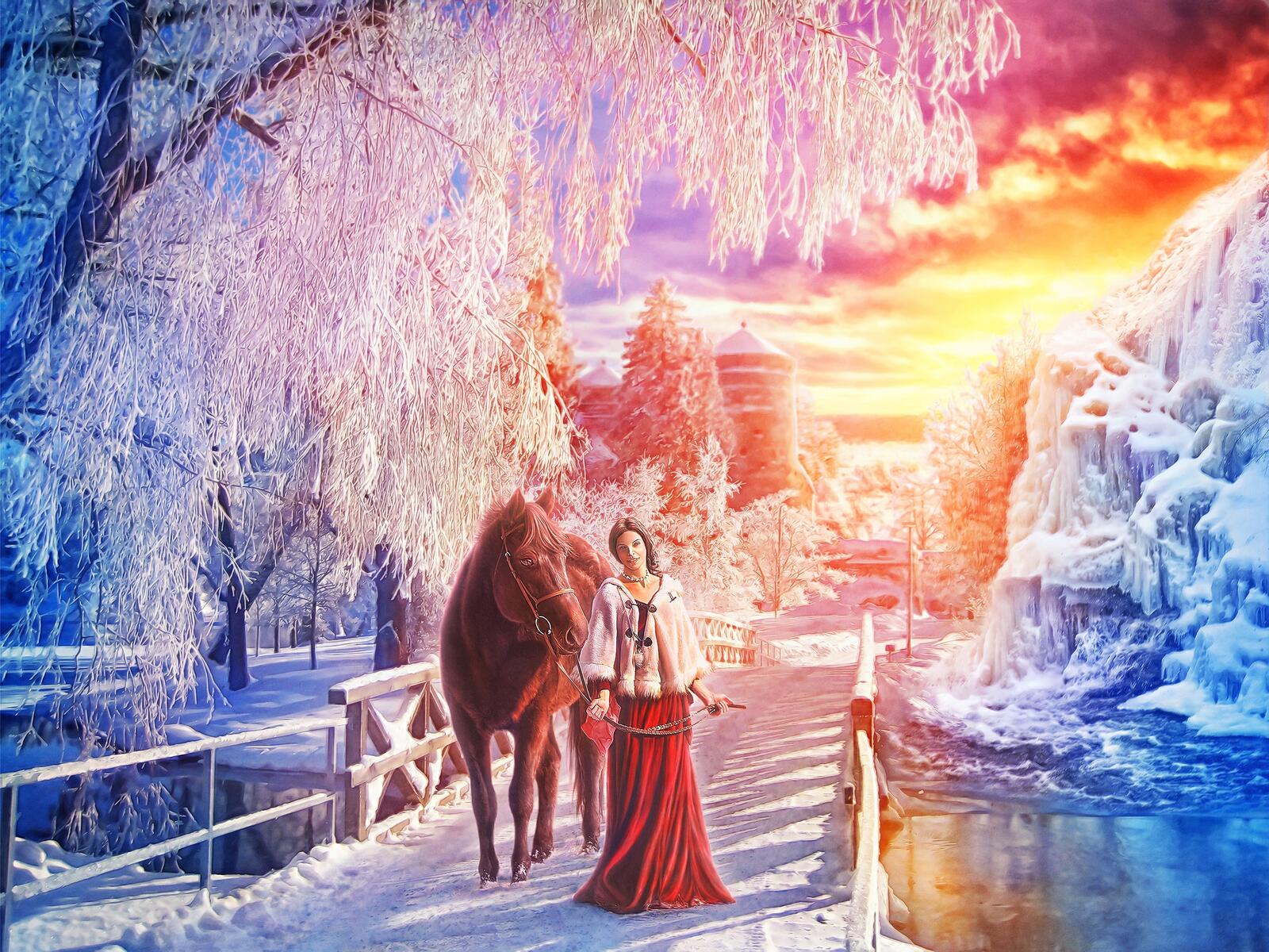 Обои девушка с конём зимний закат мост на рабочий стол