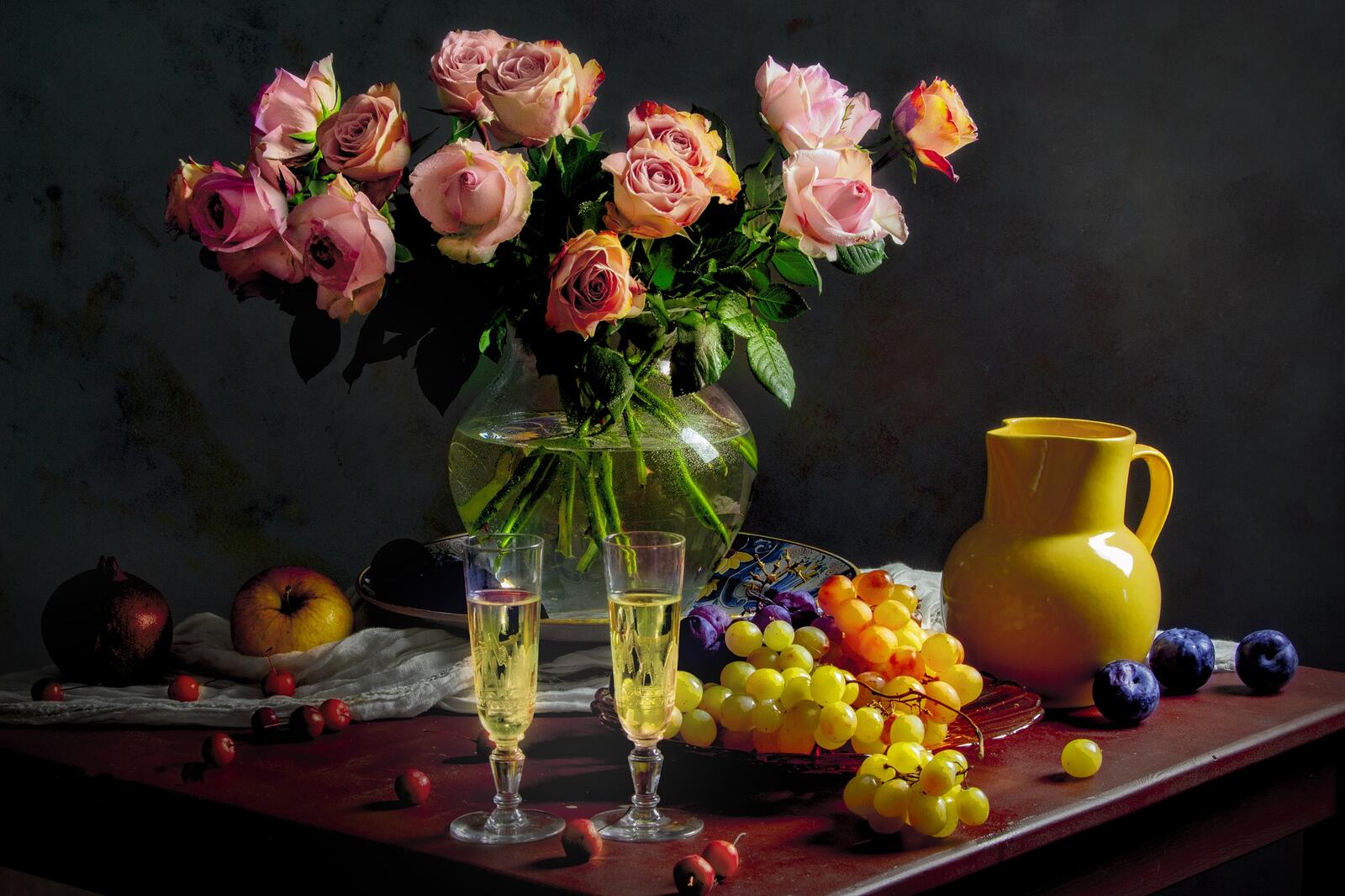 Обои розы натюрморт фрукты на рабочий стол