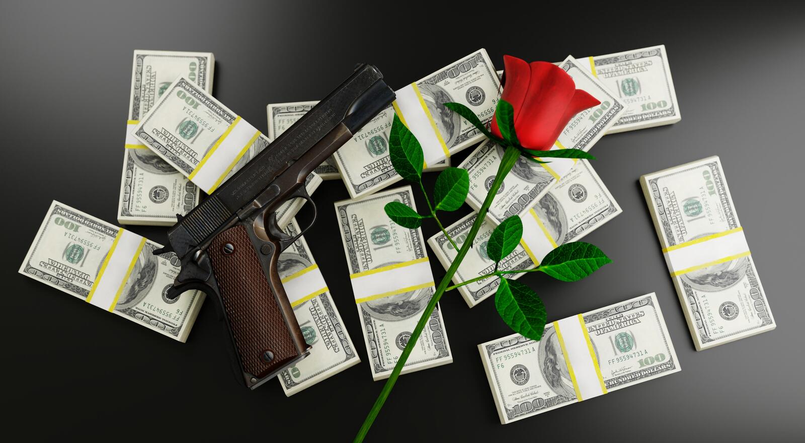 桌面上的壁纸钱 机枪 玫瑰