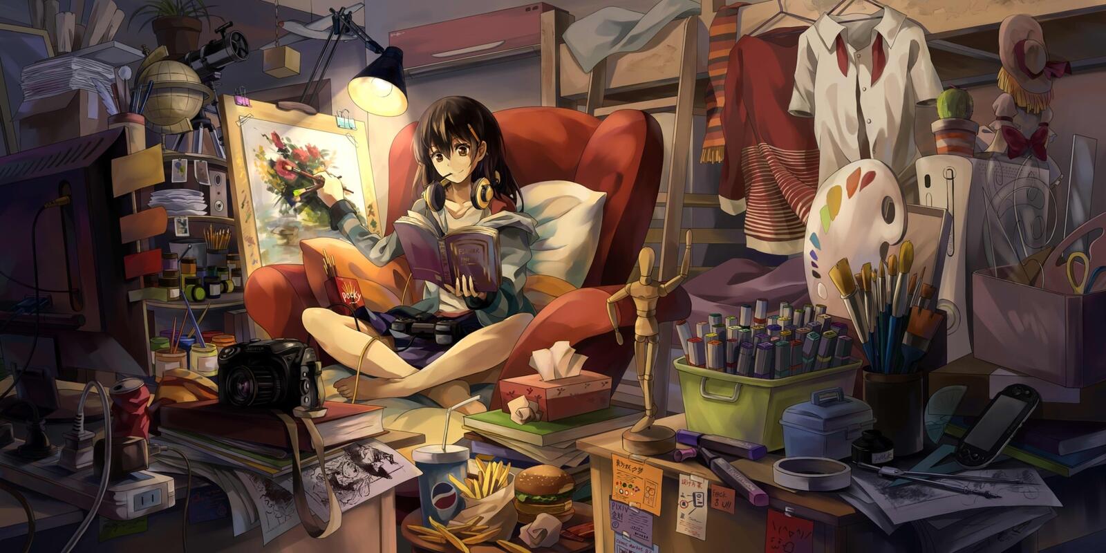 Wallpapers artist girl painting room girl anime on the desktop