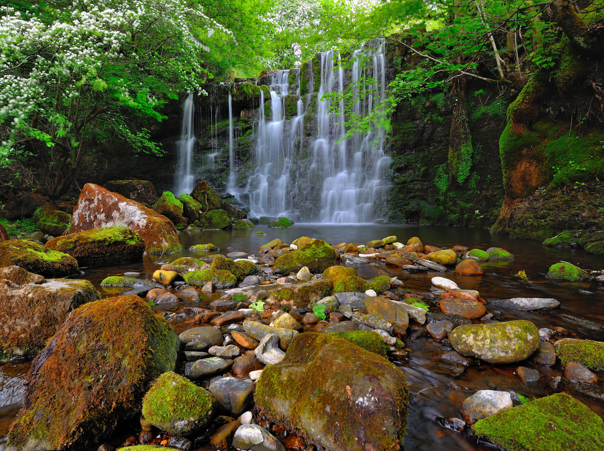 Фото бесплатно водопад, камни в воде, мох на камнях
