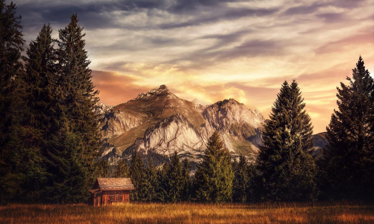 An abandoned old house in a field with mountains in the background
