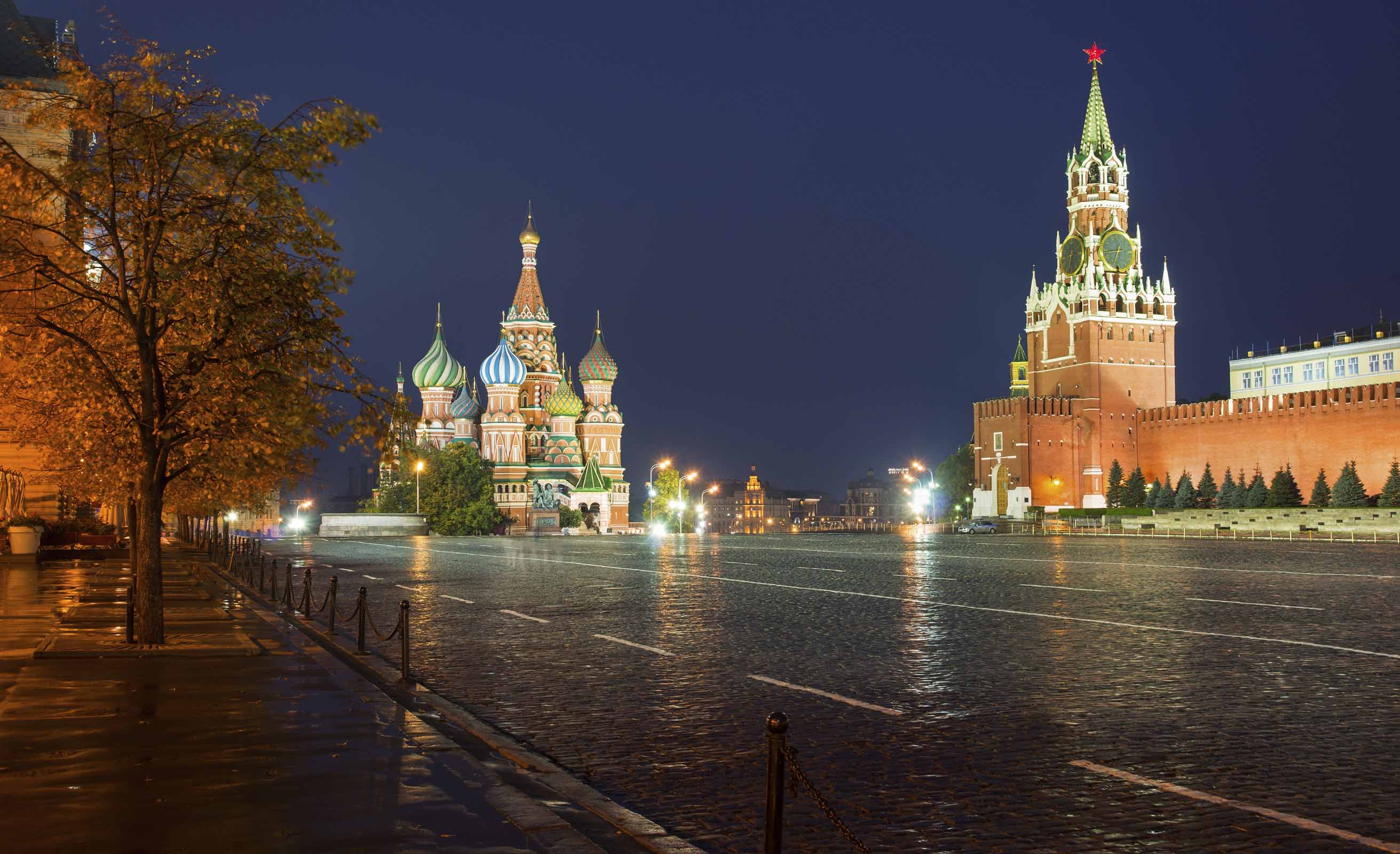 Moscow Kremlin, Spasskaya Tower and St. Basil Cathedral. Red Square. Russia