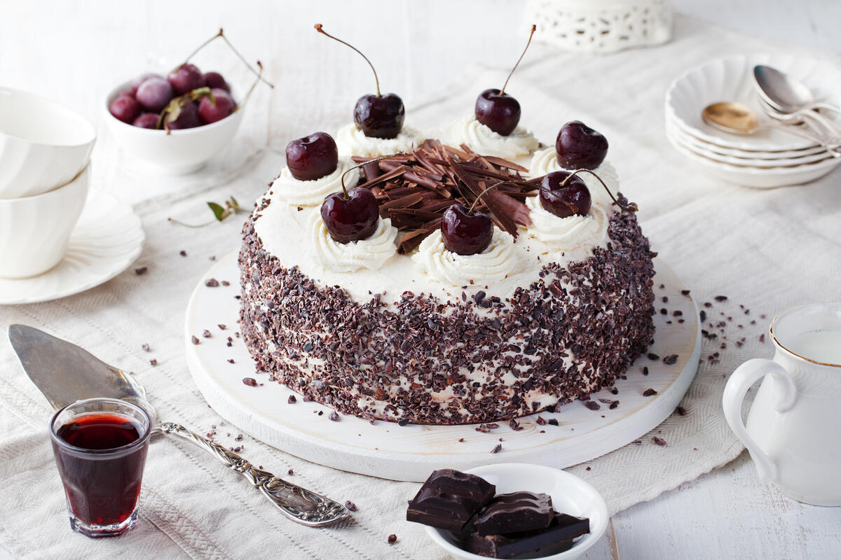 Cake with cherries and grated chocolate