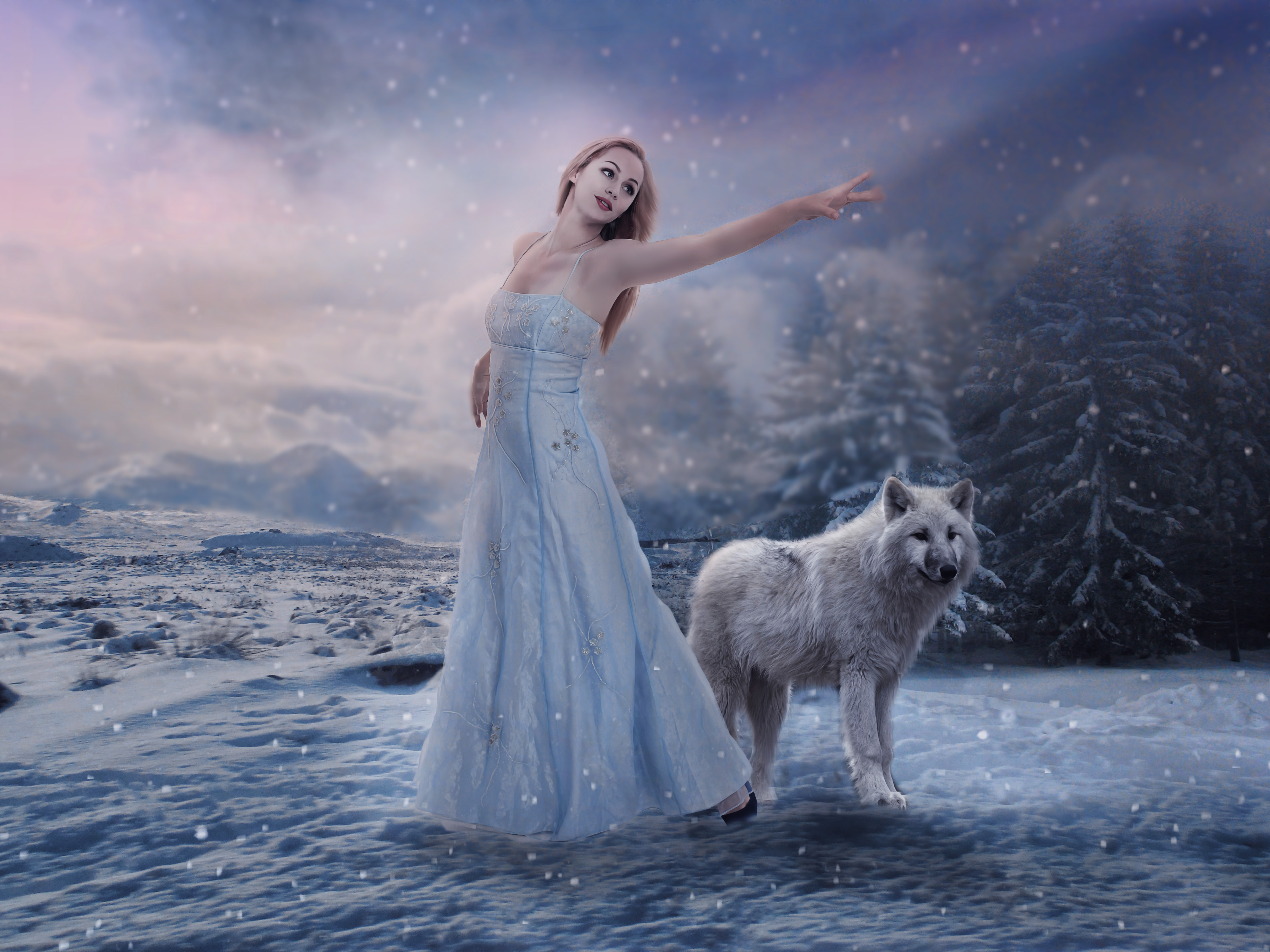 Wallpapers the girl and the wolf winter snow on the desktop