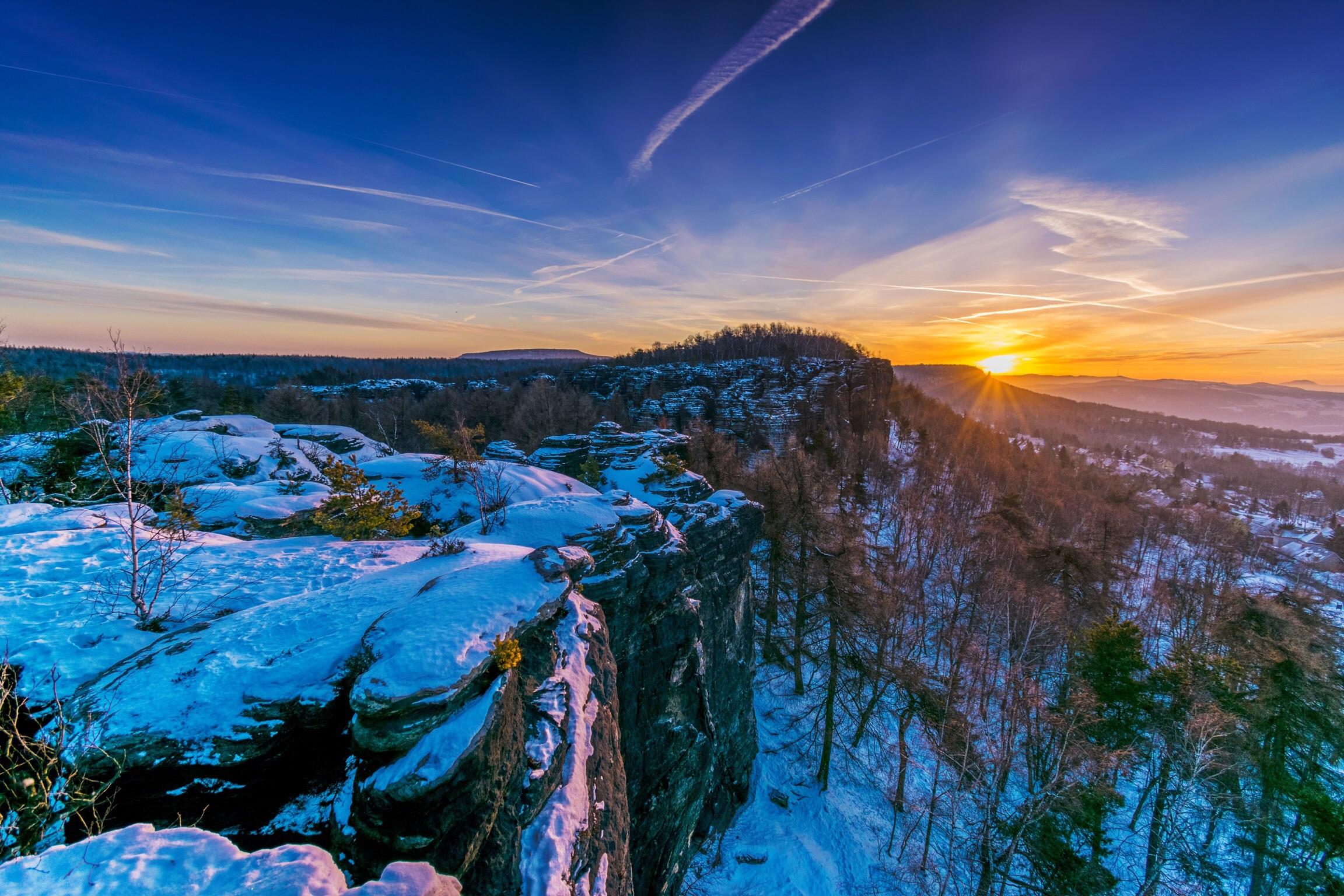 桌面上的壁纸冬日清晨的砂岩悬崖 紫杉 捷克共和国