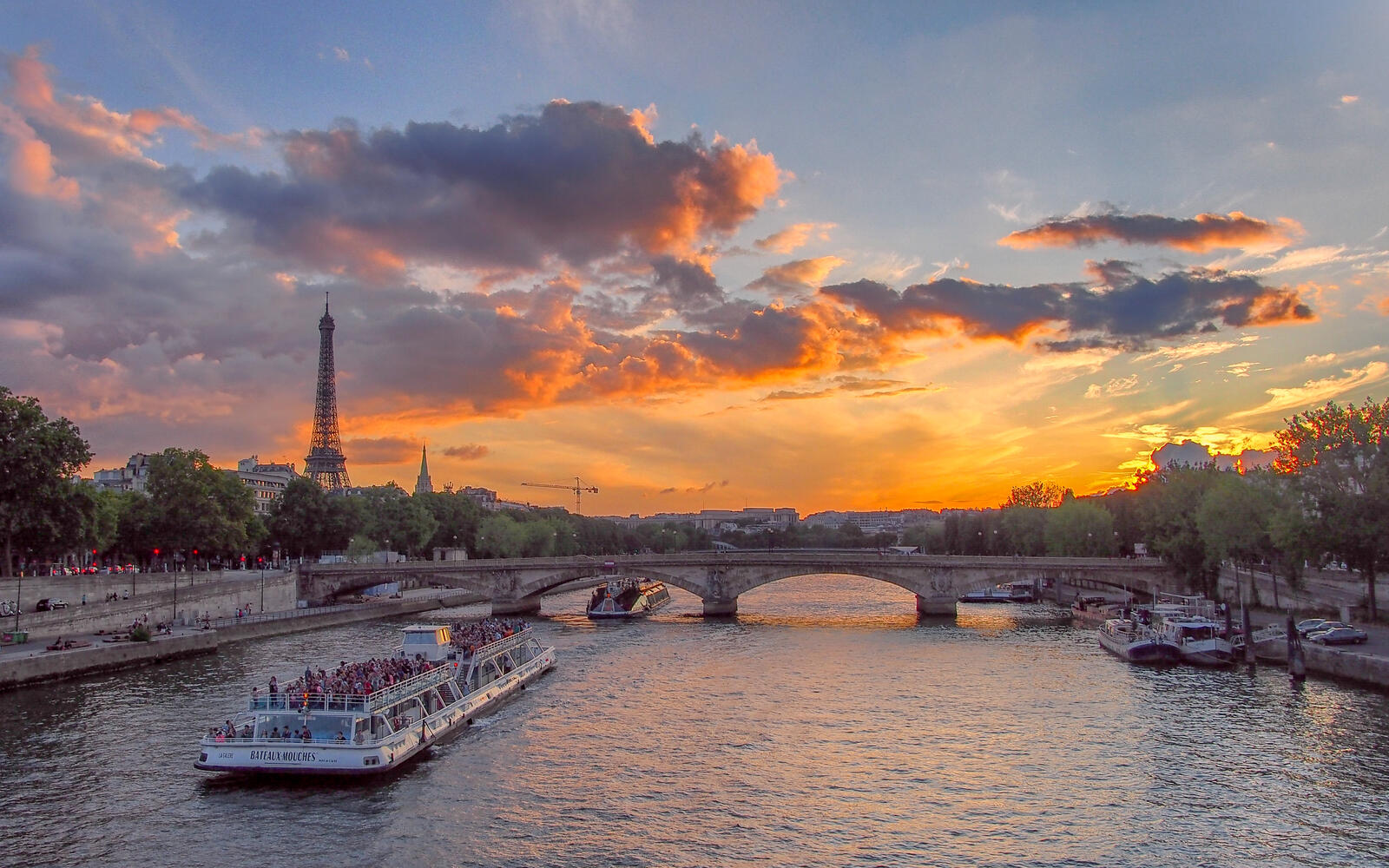 Обои закат Seine River Eiffel tower на рабочий стол