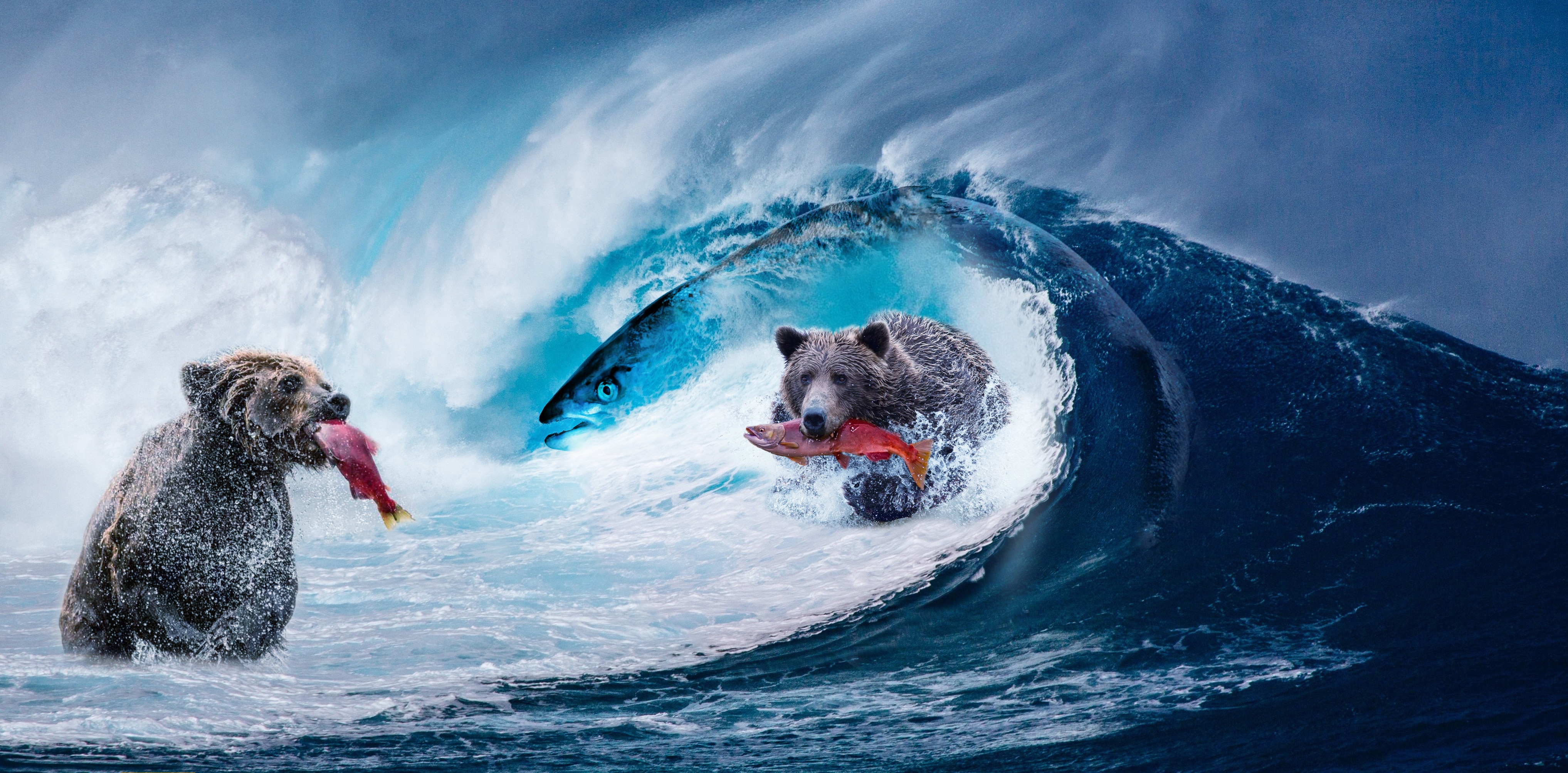 Wallpapers wave bears fish on the desktop