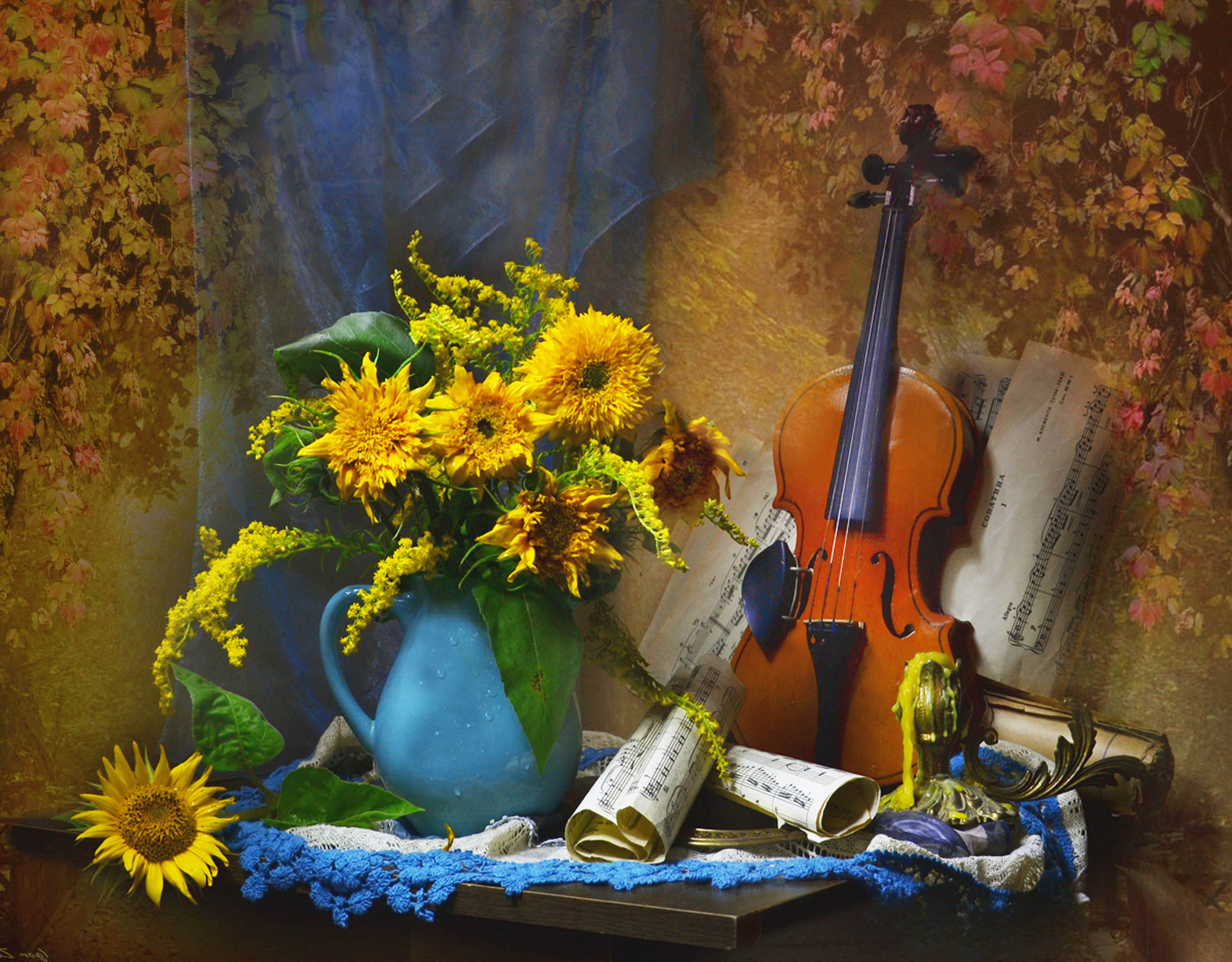 Обои скрипка цветы картина на рабочий стол