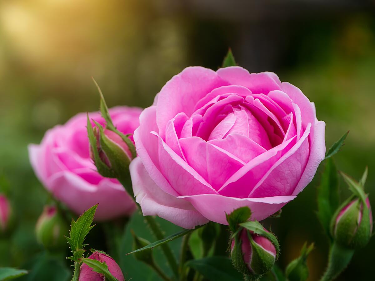 Две розовые розы на лужайке