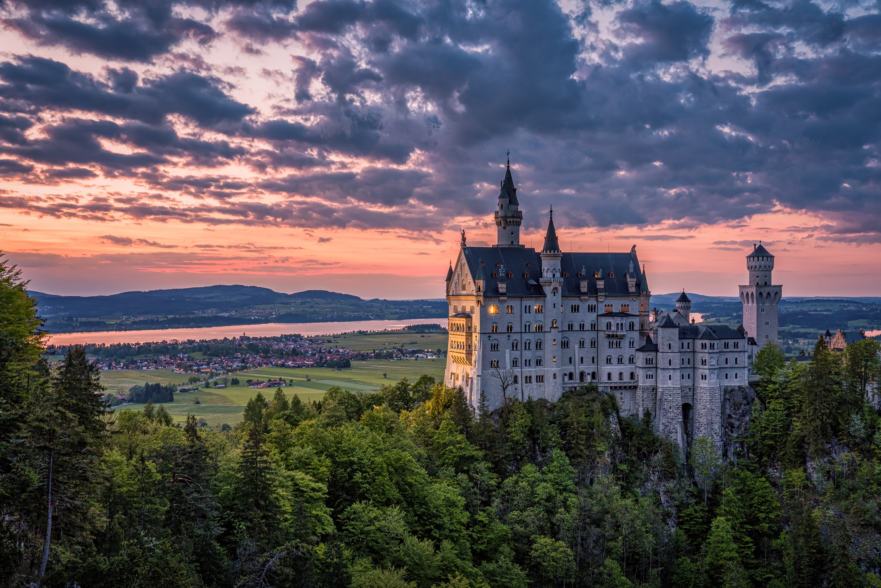 桌面上的壁纸日落 天空 巴伐利亚童话城堡新天鹅堡