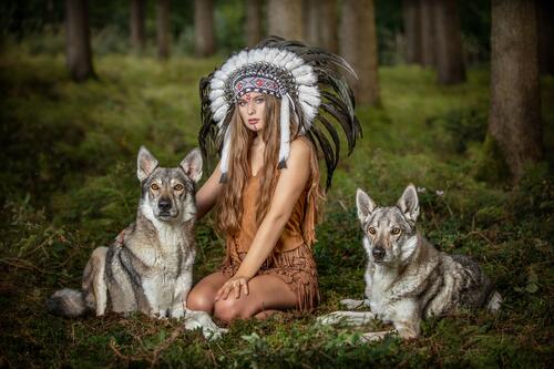 Indian girl and wolves