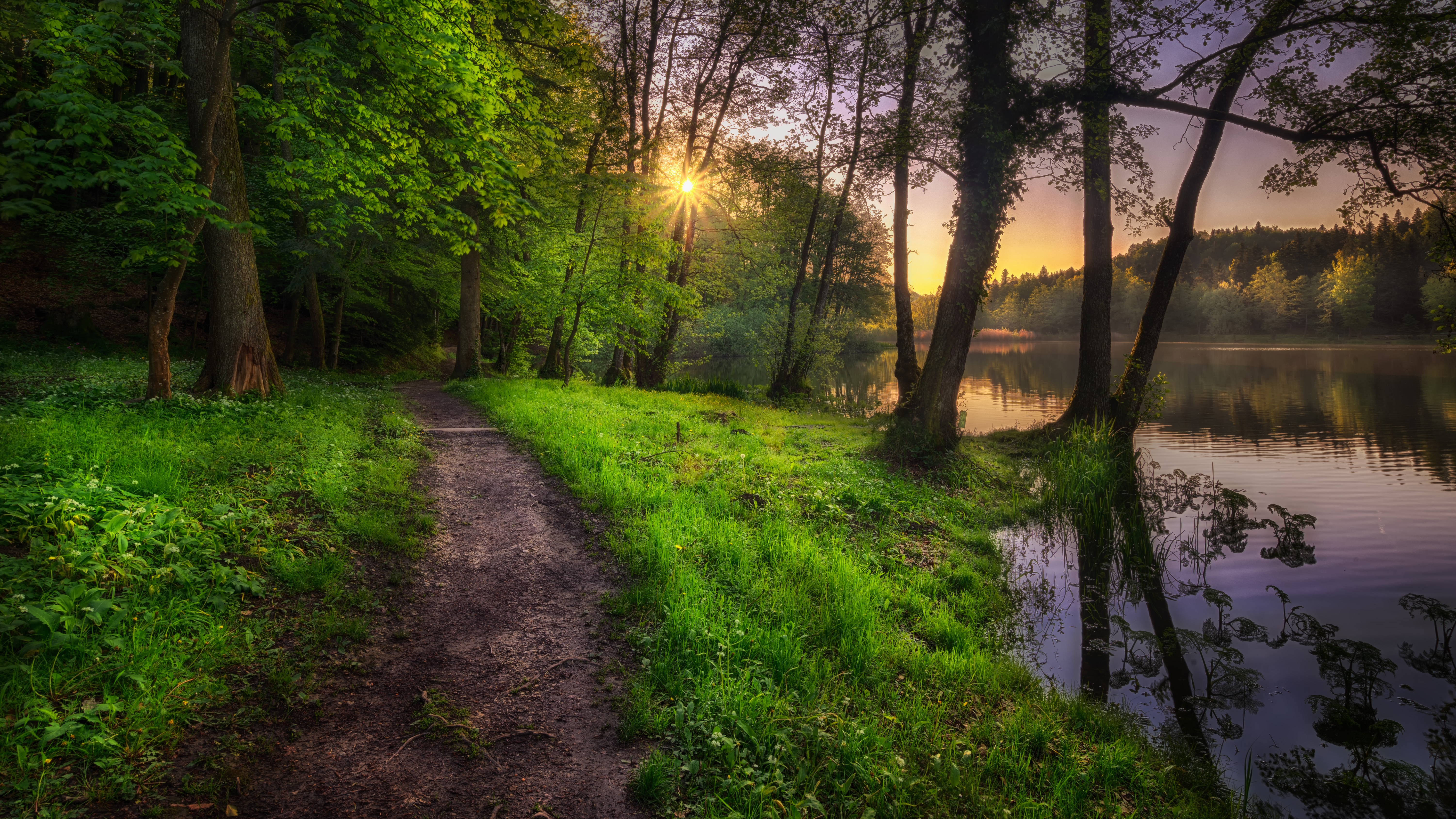 Wallpapers lake sunset footpath on the desktop
