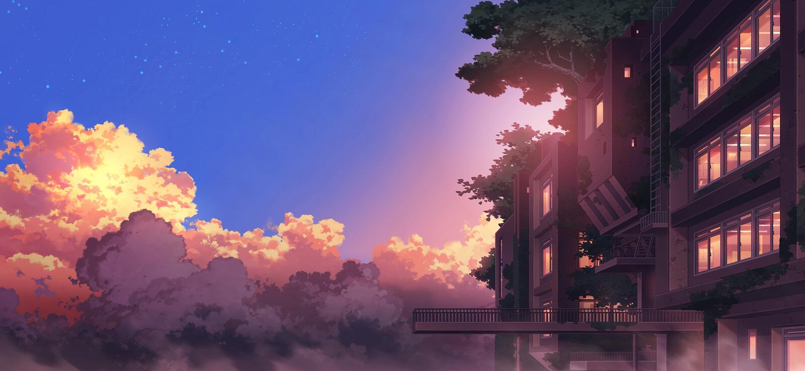 Обои аниме пейзаж здания закат на рабочий стол