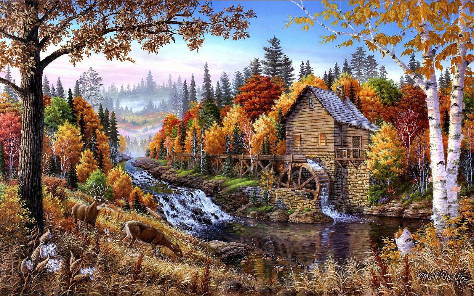 Обои изобразительное искусство осень река на рабочий стол