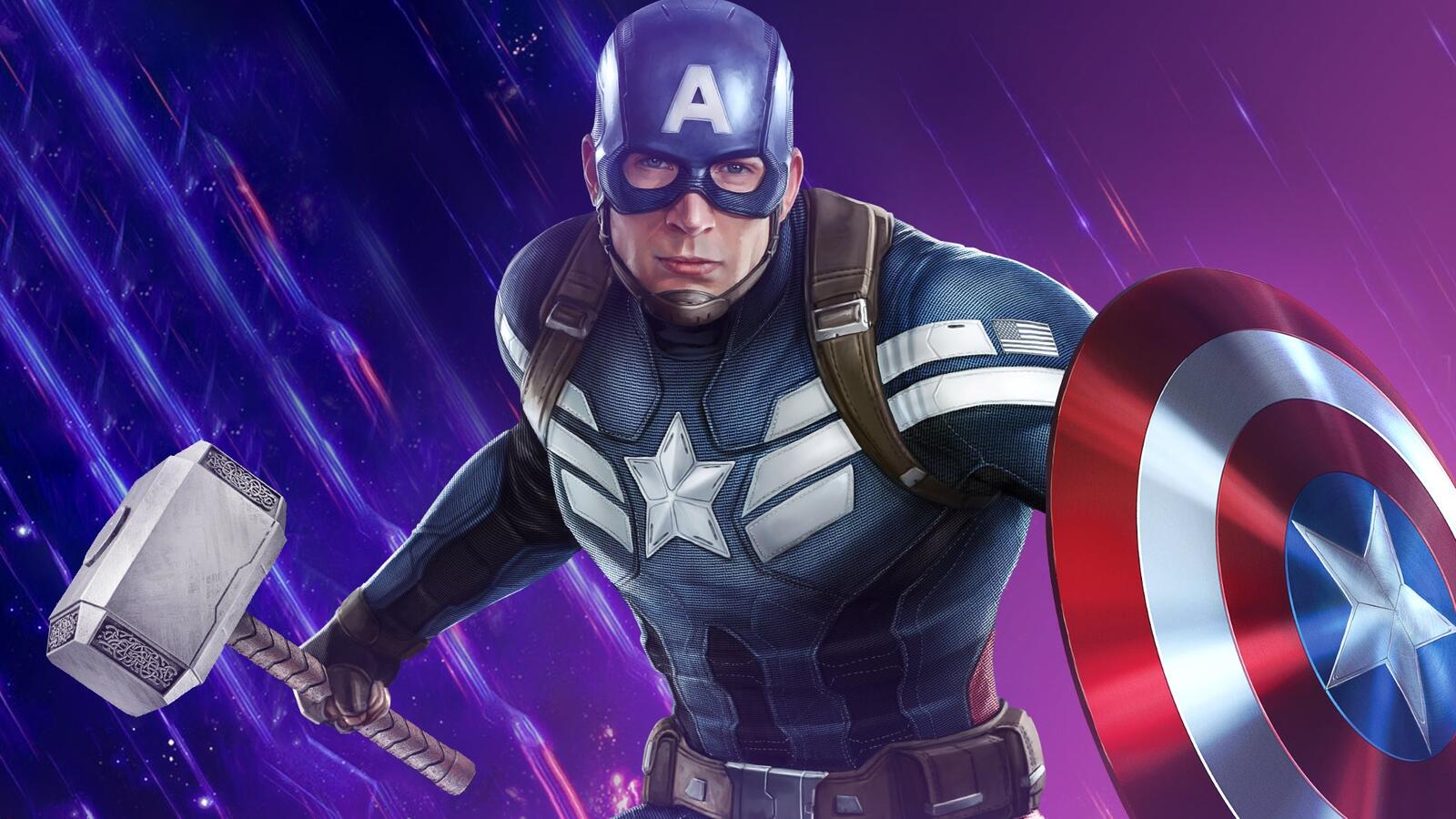 Бесплатное фото Капитан америка на фиолетовом фоне с молотом