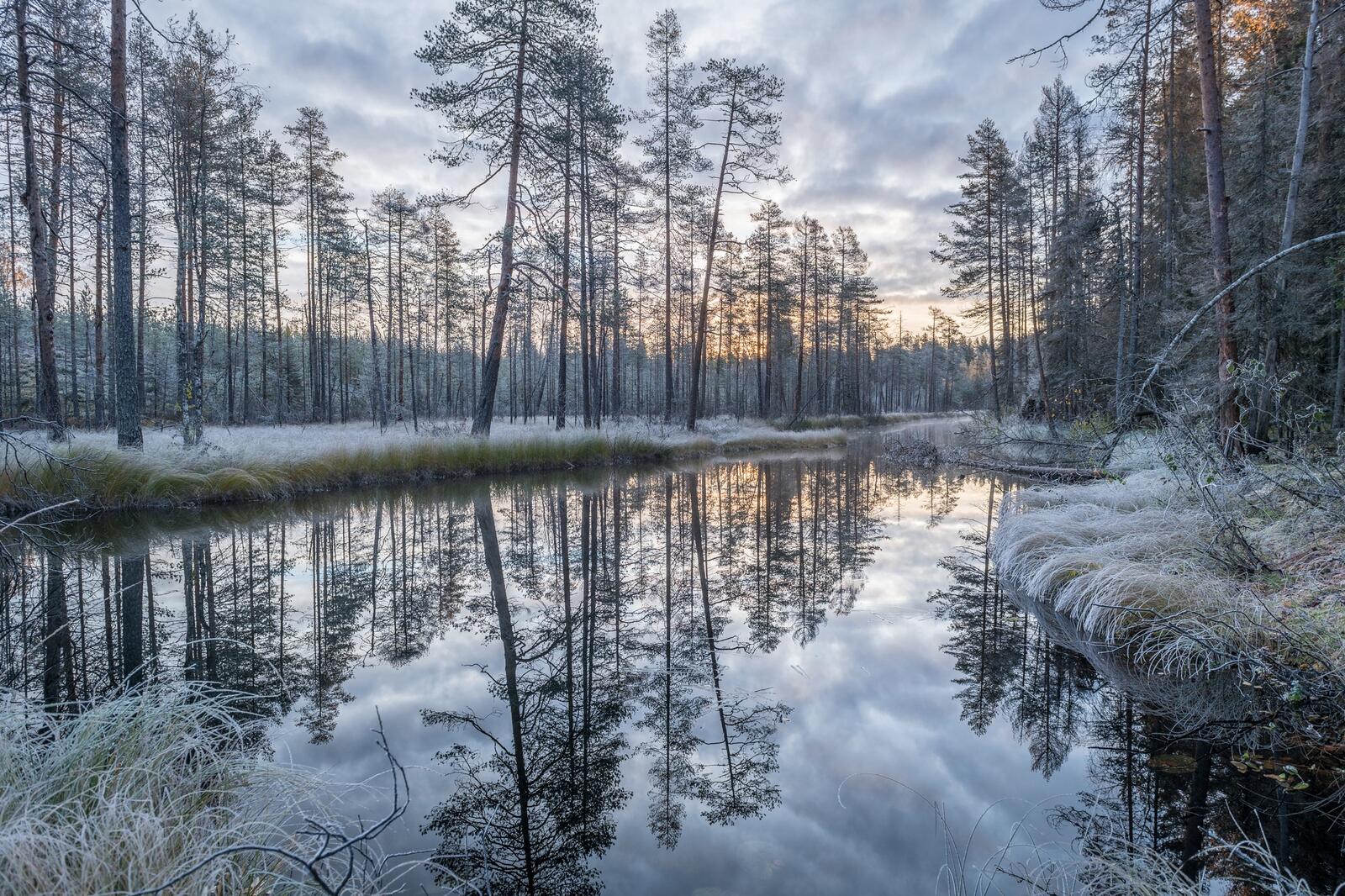 Обои закат Финляндия заболоченная река на рабочий стол