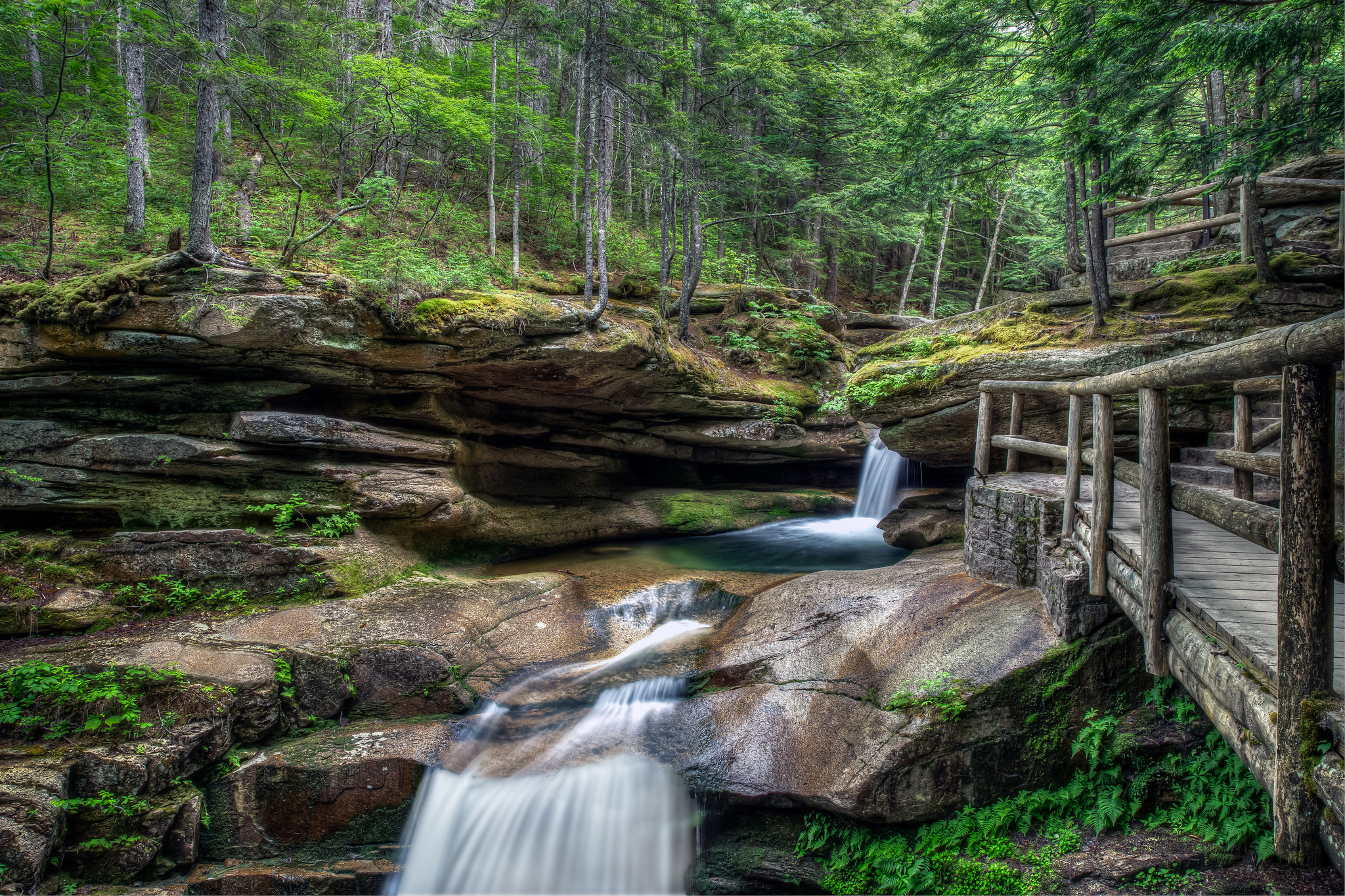 Обои Нью-Гемпшир лес водопад скалы мост на рабочий стол