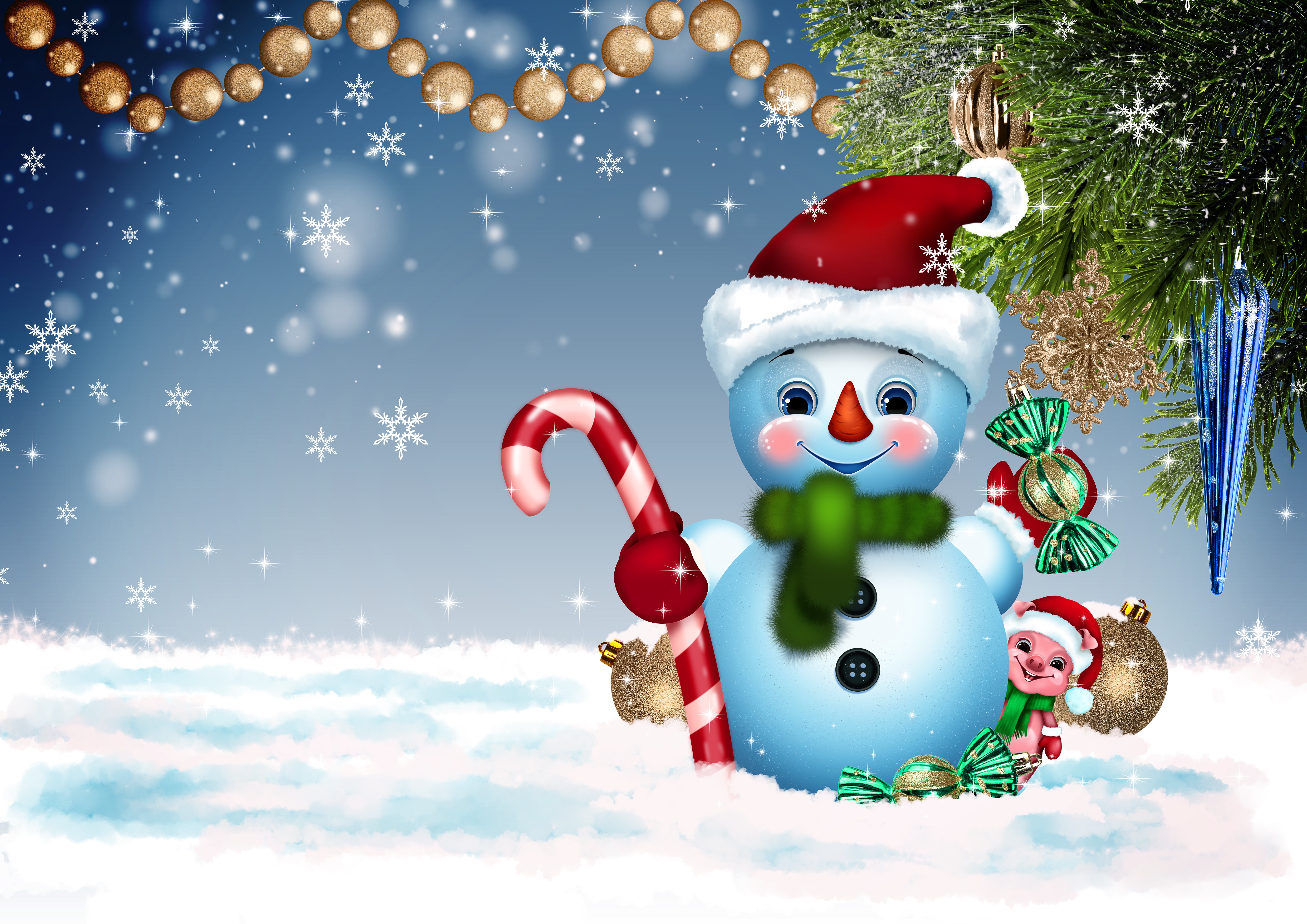 Wallpapers the snowman and the pig the pig is the symbol of the year Christmas on the desktop