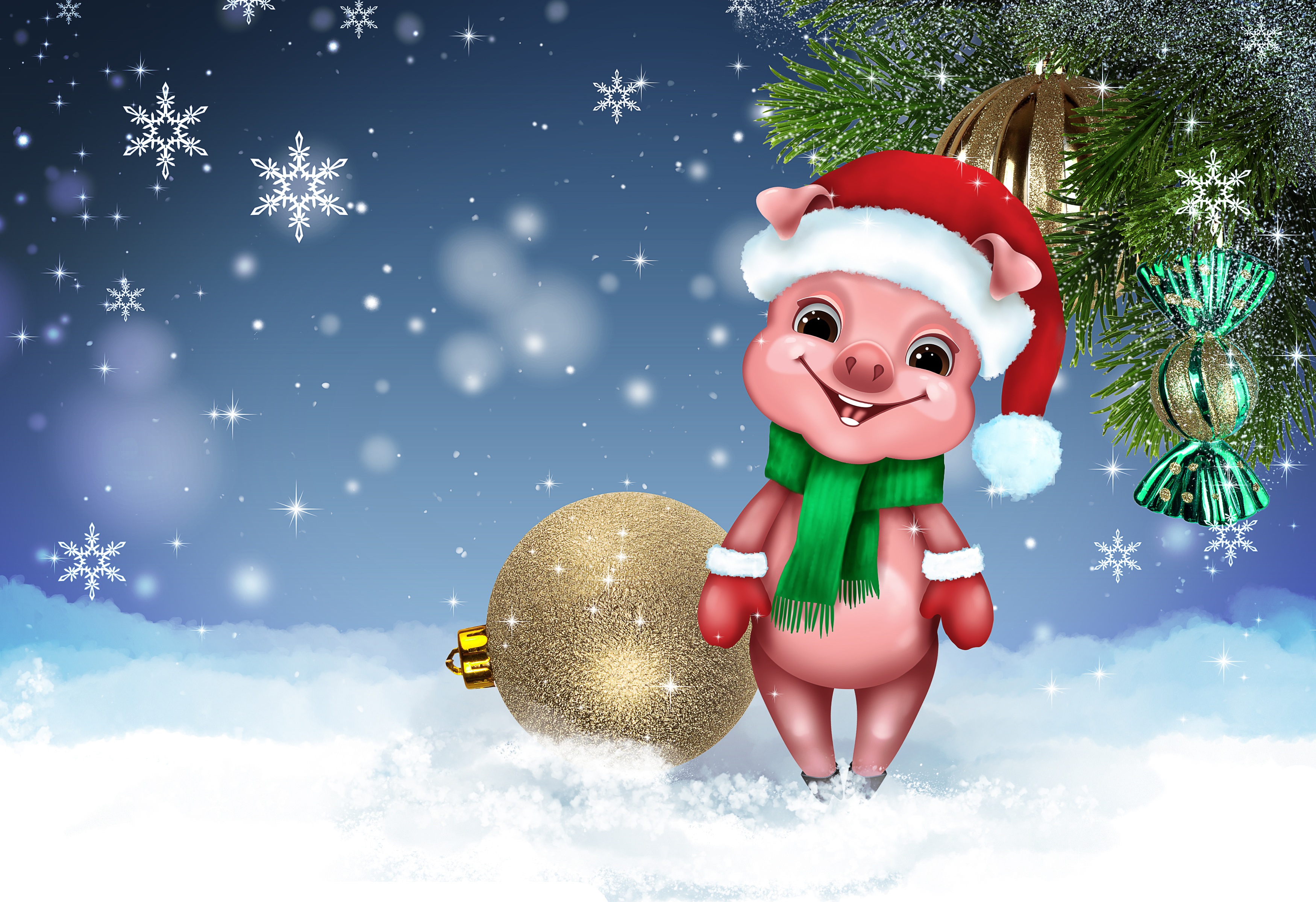 Обои свинка символ года Рождество фон на рабочий стол