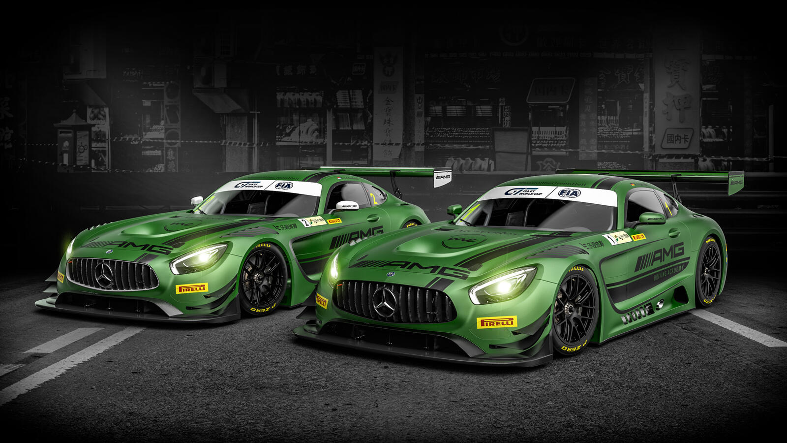 Free photo Two green Mercedes AMG GT C